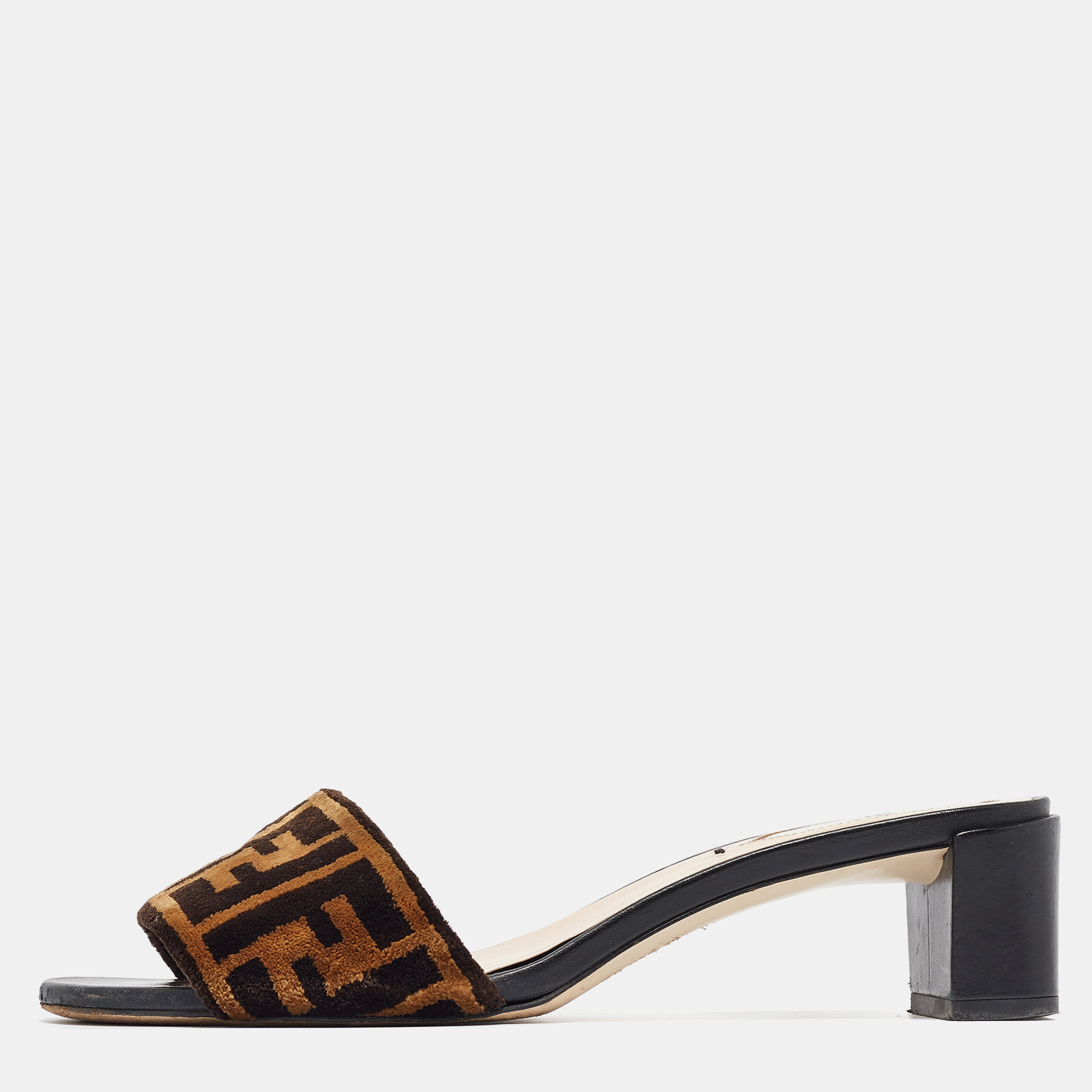 Pre-owned Fendi Brown/black Ff Velvet And Leather Slide Sandals Size 36.5