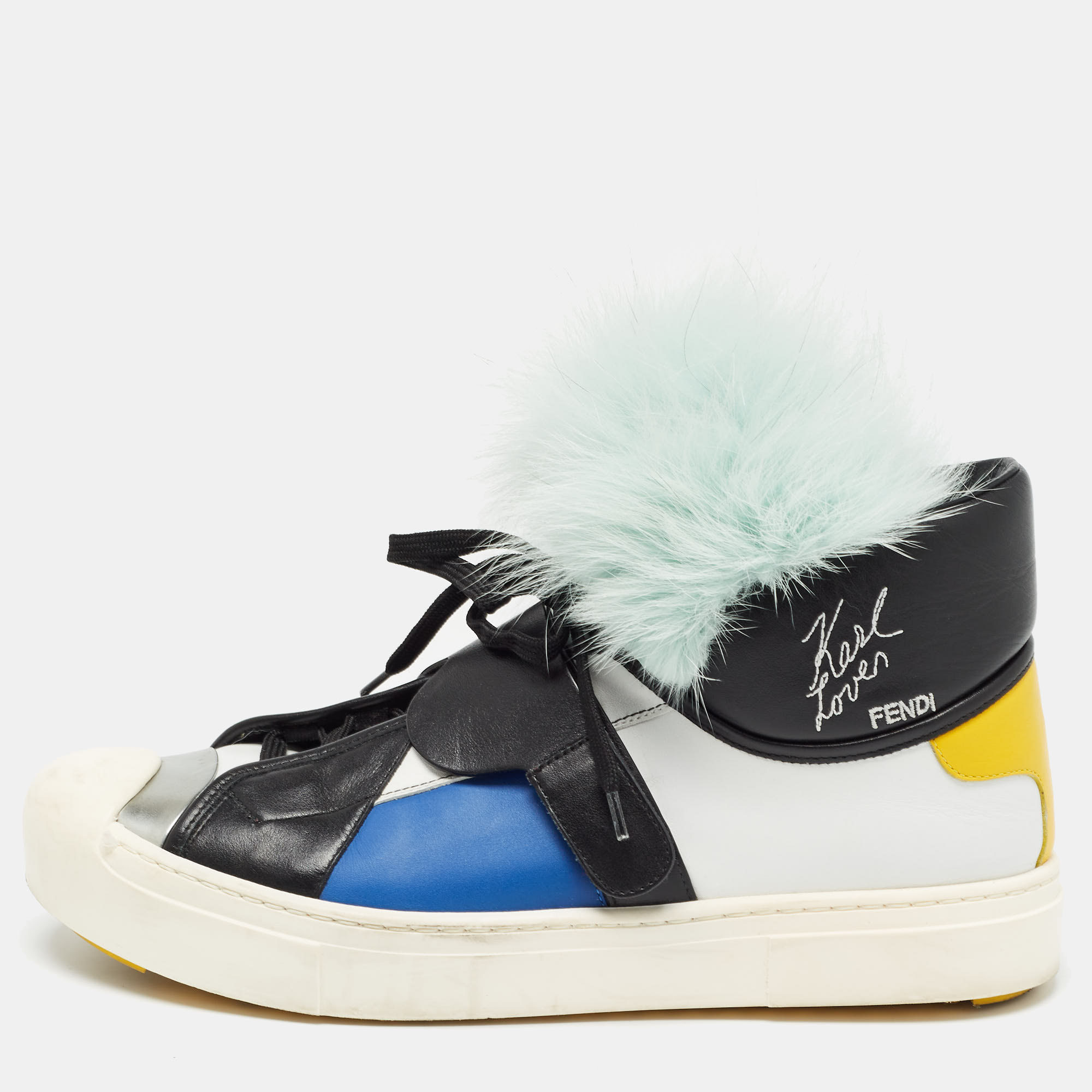 

Fendi Multicolor Leather and Fur Karlito High Top Sneakers Size