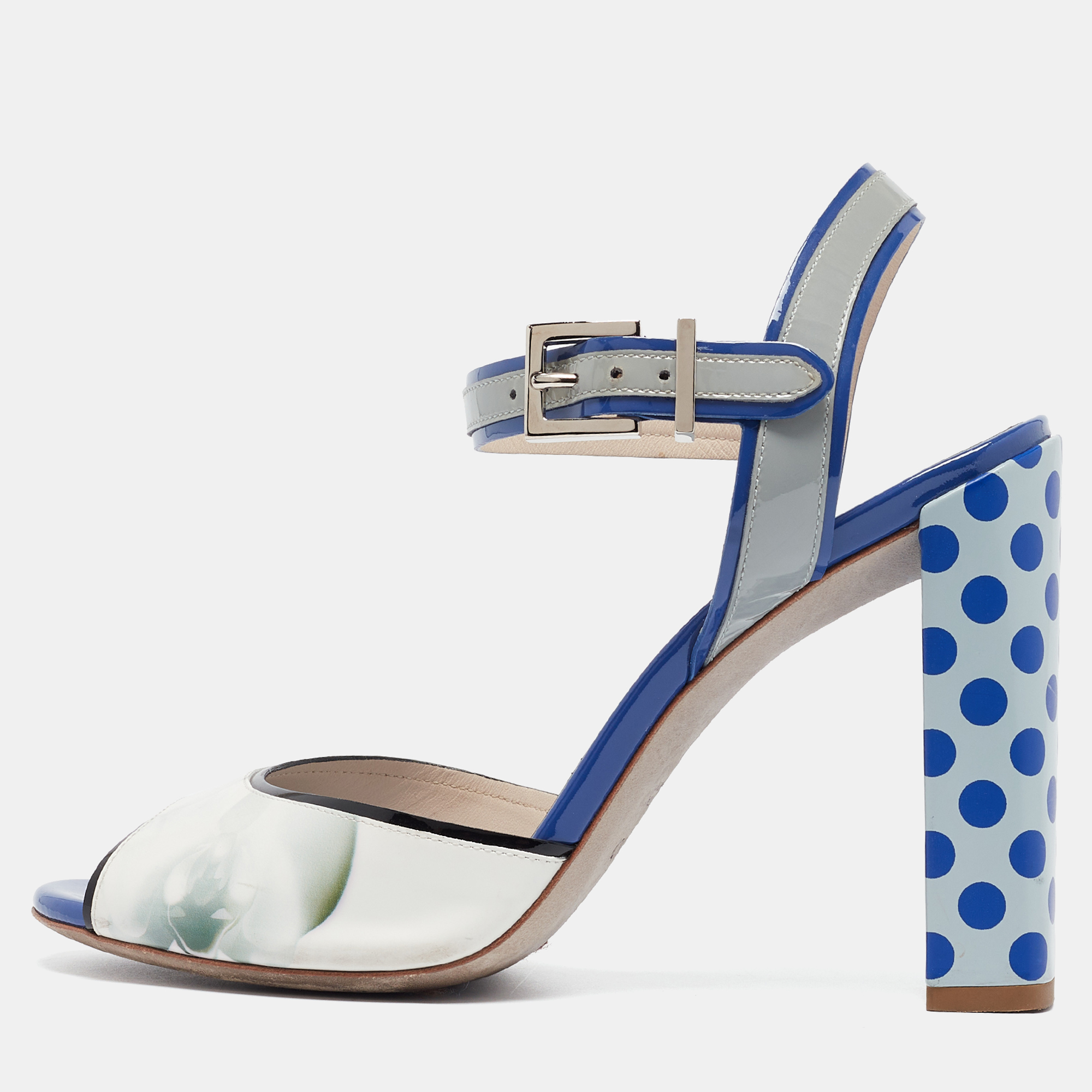 Pre-owned Fendi Tricolor Floral Print Ombre Leather And Patent Ankle Strap Sandals Size 38 In Blue