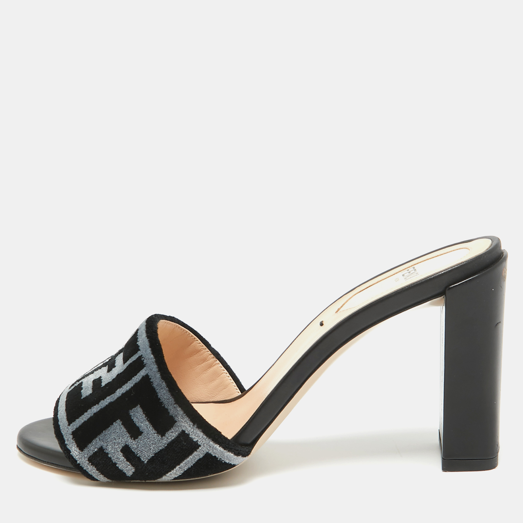 

Fendi Black/Blue Zucca Velvet and Leather Slide Sandals Size