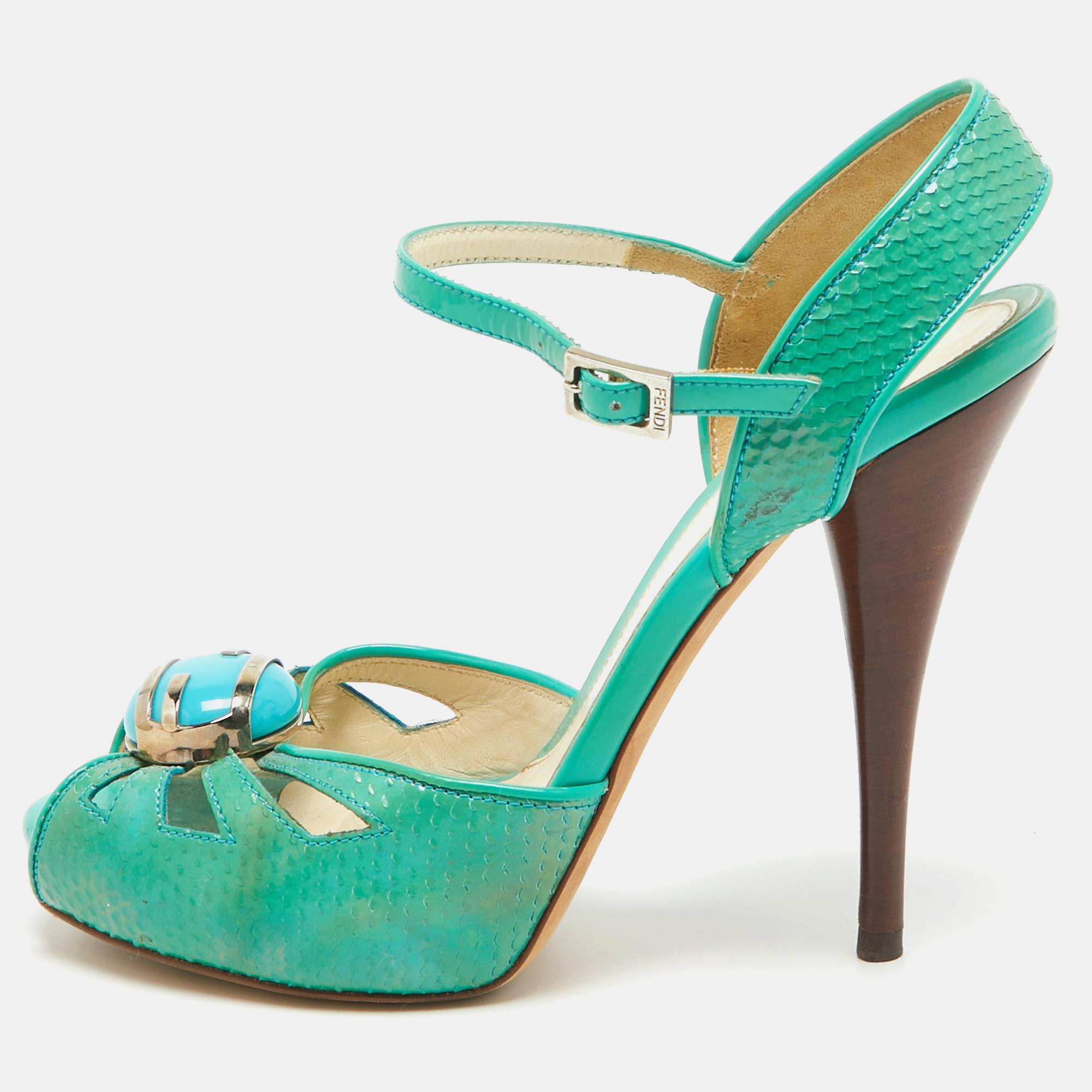 Pre-owned Fendi Turquoise Snake Embossed Slingback Platform Sandals Size 37 In Green
