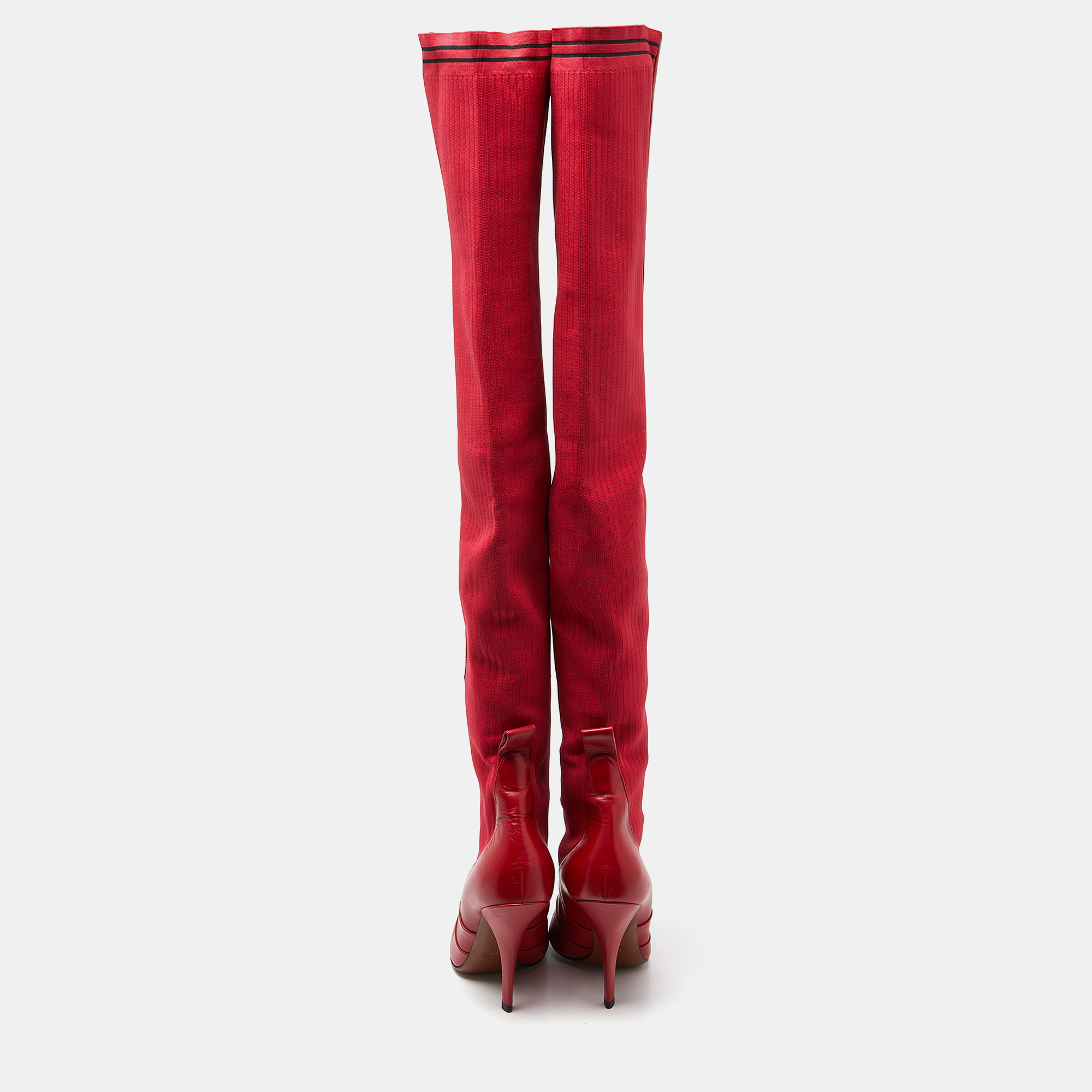 Fendi Red Leather and Fabric Rockoko Over The Knee Length Pointed Toe Boots Size 40 Fendi TLC