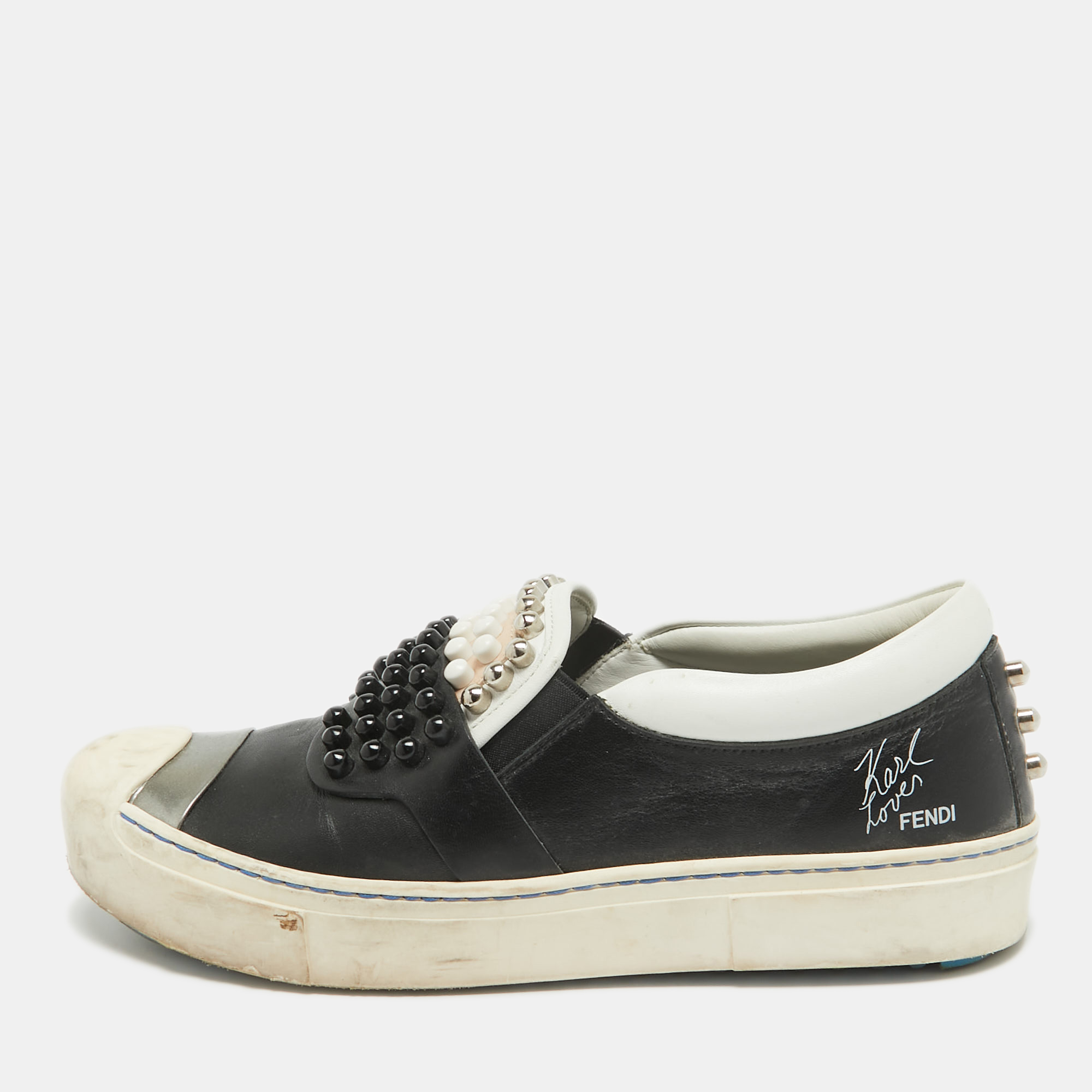 

Fendi Black/White Leather Studded Karl Lover Slip On Sneakers Size