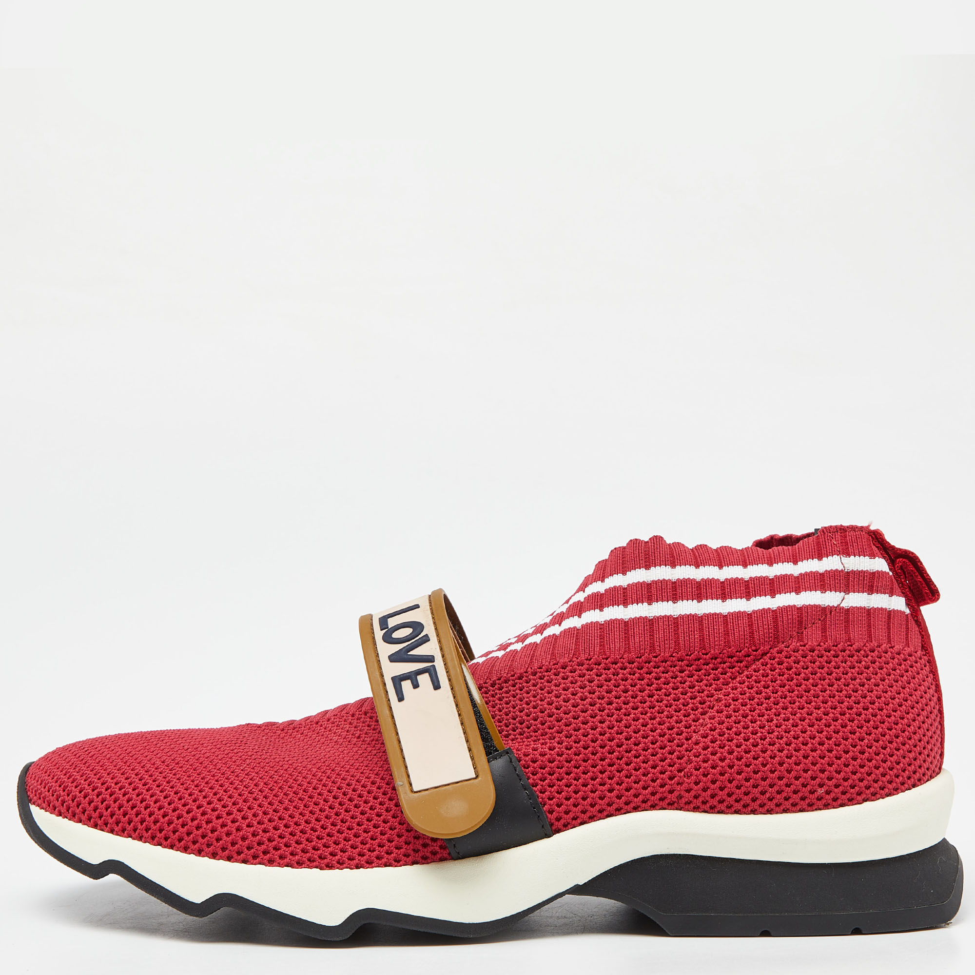 Pre-owned Fendi Red Mesh Rockoko Velcro Strap Slip On Sneakers Size 38
