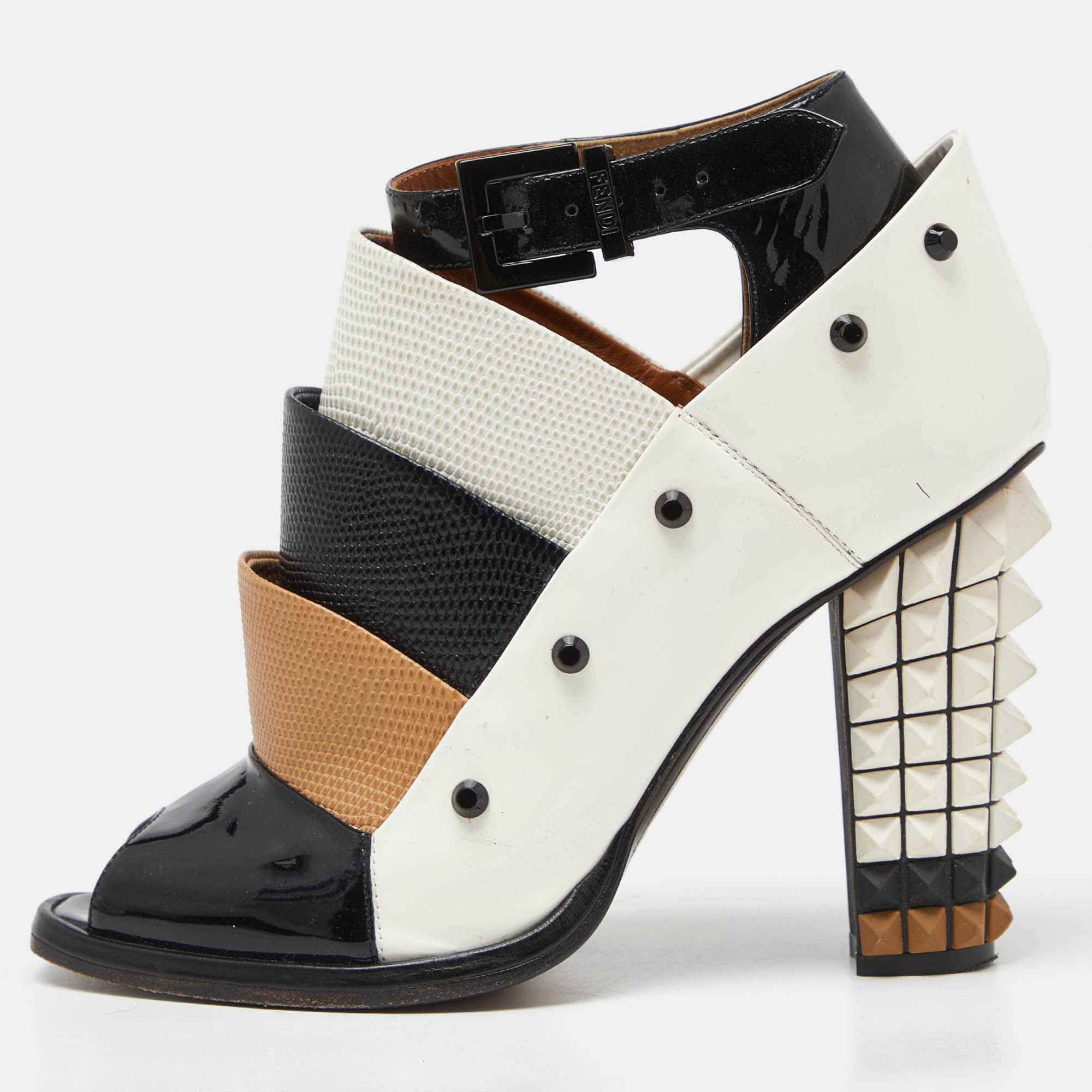 

Fendi Multicolor Patent Leather and Embossed Lizard Studded Peep Toe Ankle Strap Booties Size
