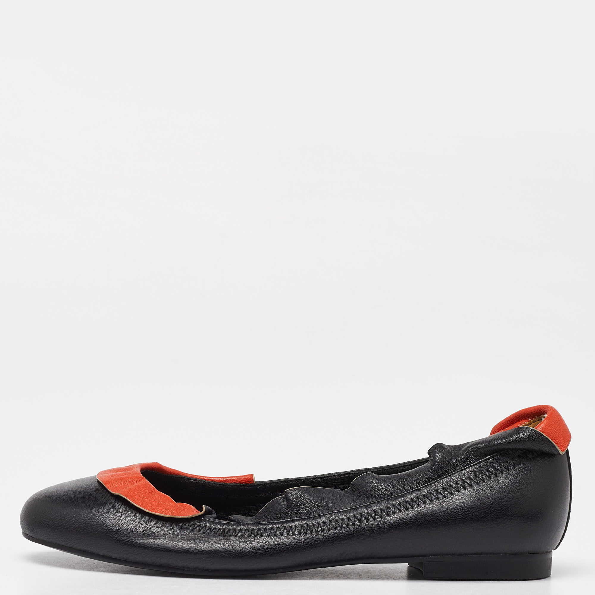 

Fendi Black/Orange Leather Ruffle Trim Ballet Flats Size