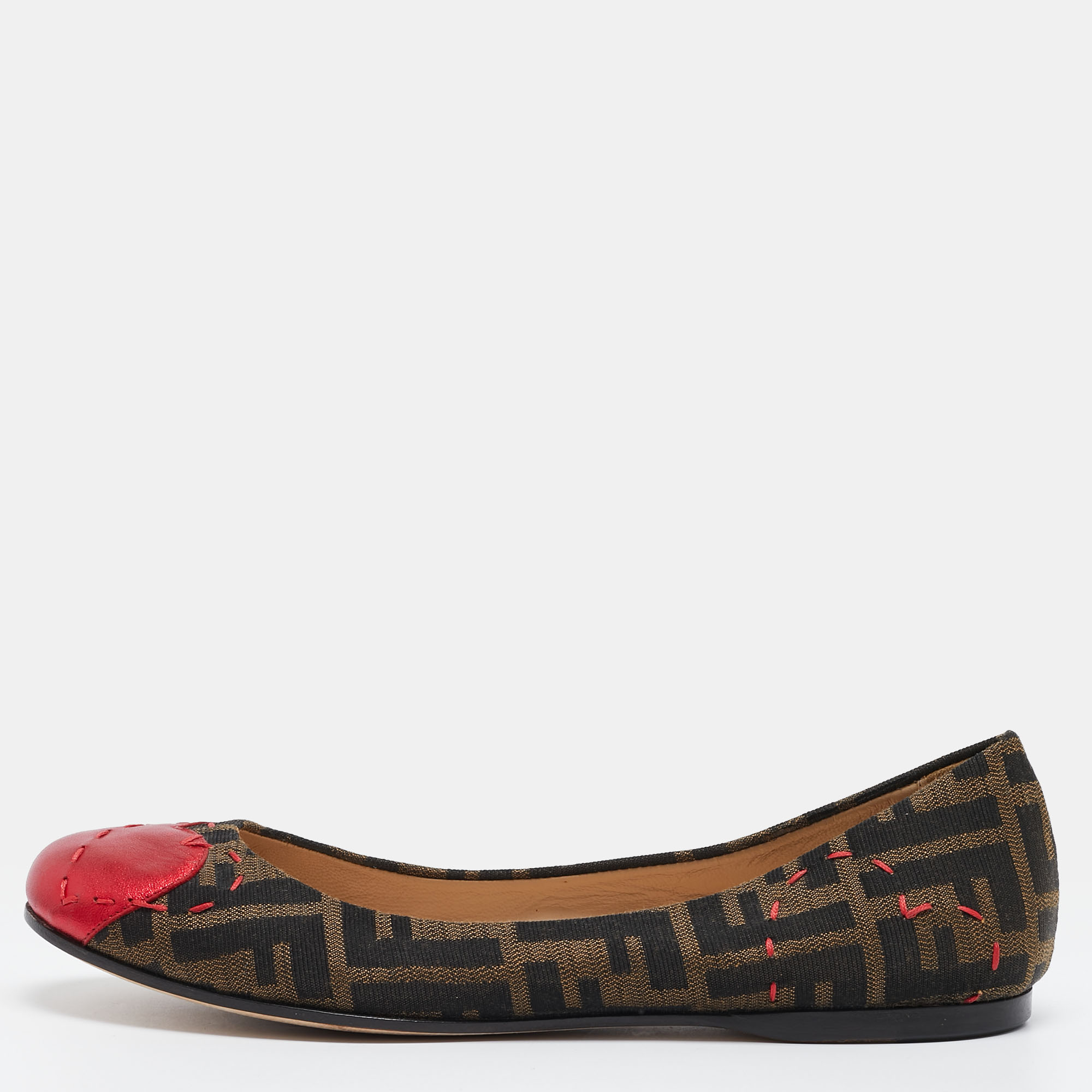 

Fendi Brown/Red Zucca Canvas and Leather Heart Cap Toe Ballet Flats Size