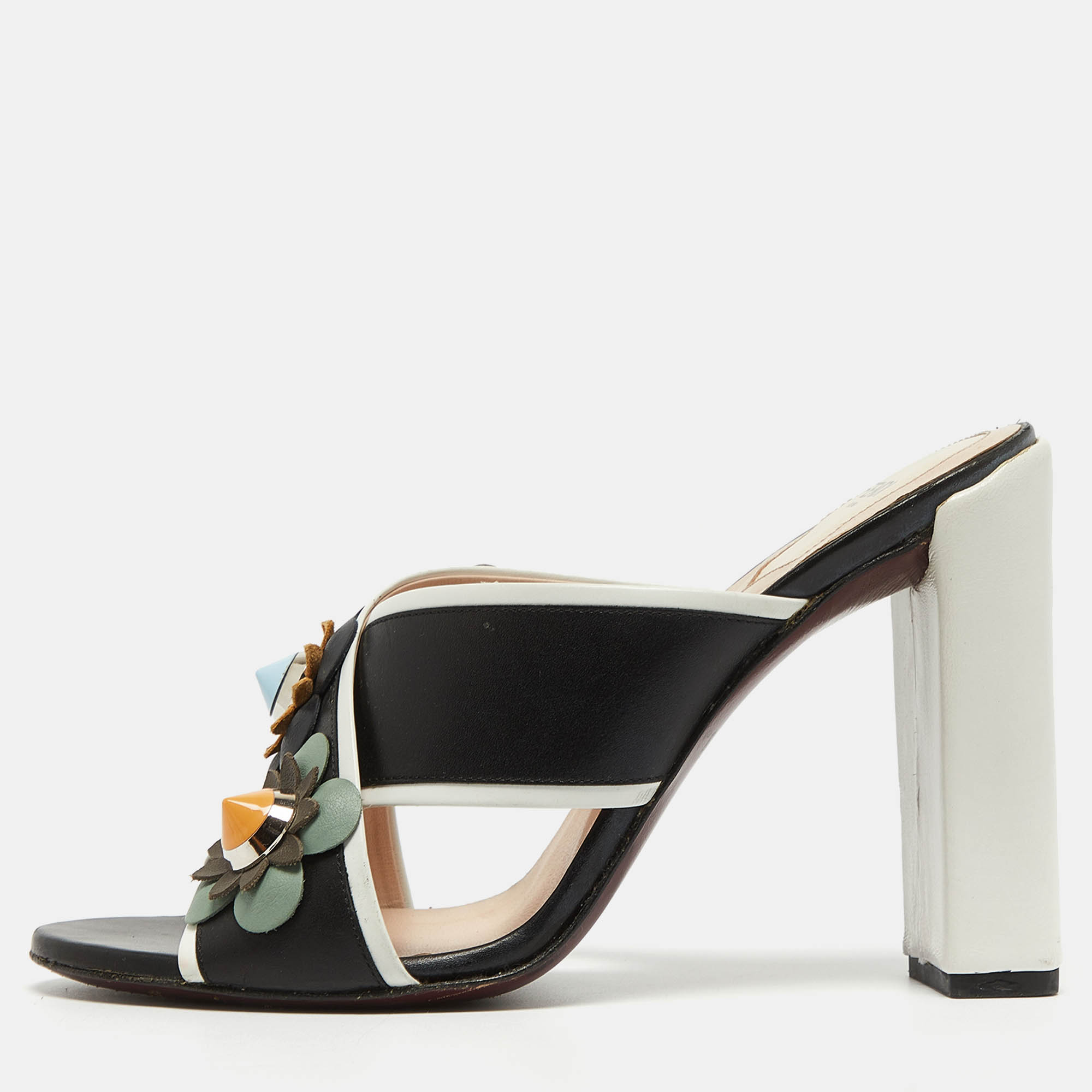Pre-owned Fendi Black/white Leather Flowerland Slide Sandals Size 38.5