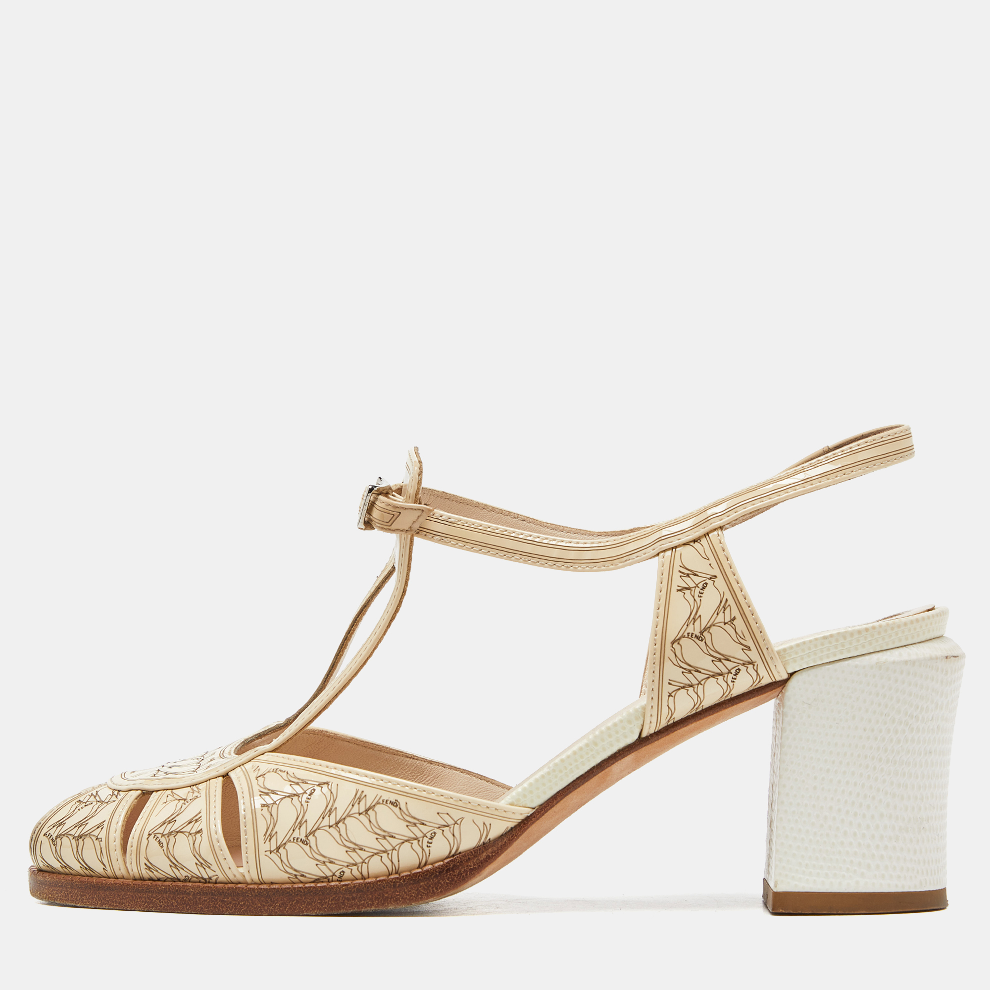 

Fendi Beige Printed Patent Leather Block Heel Ankle Strap Sandals Size
