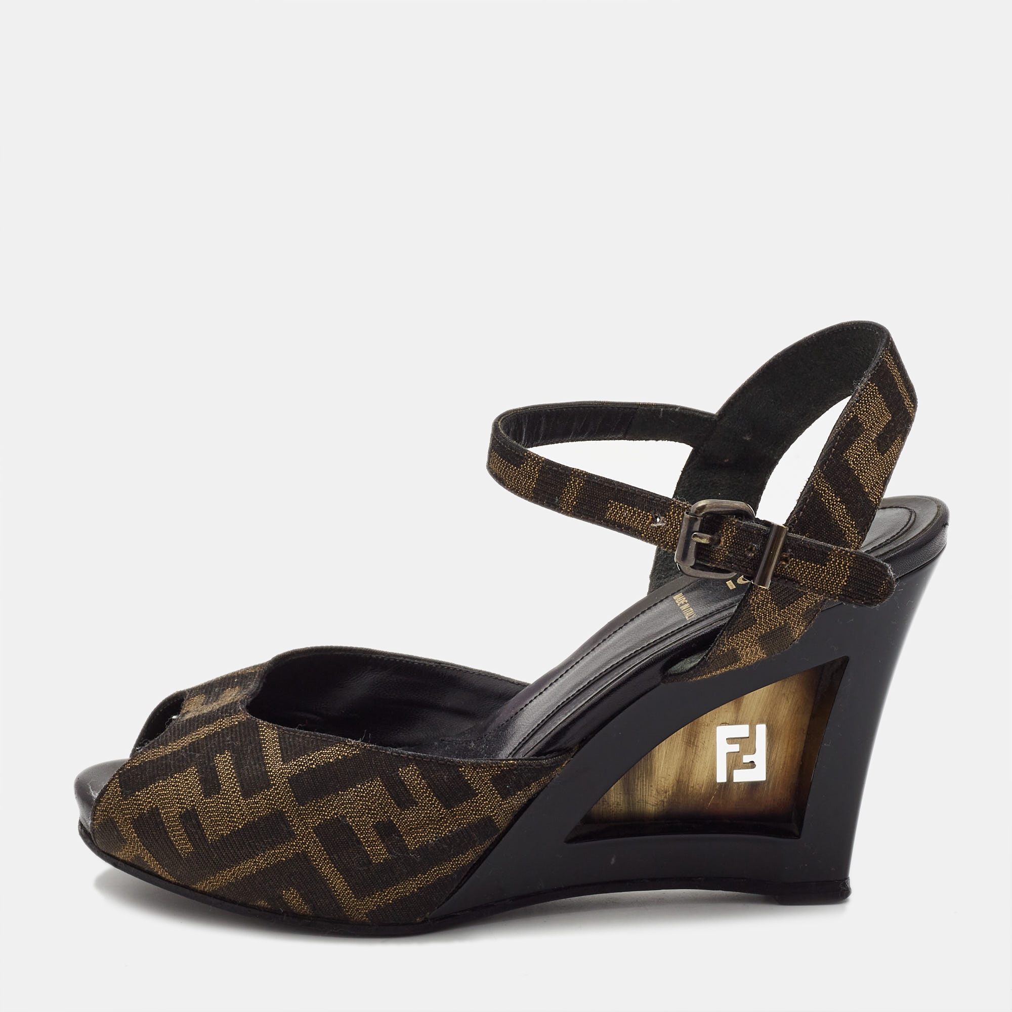 Pre-owned Fendi Brown Zucca Canvas Wedge Ankle Strap Sandals Size 37