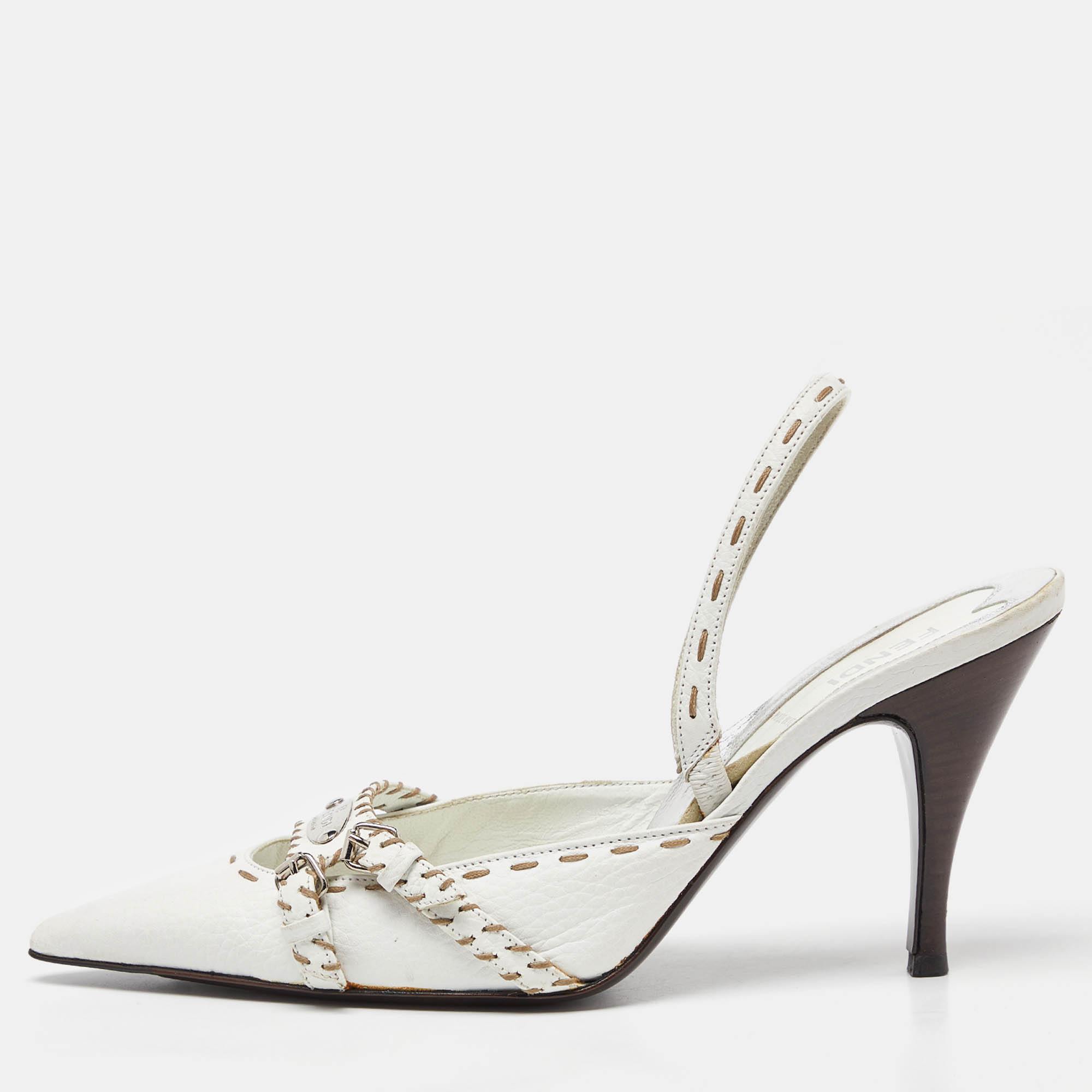 

Fendi White Sellier Leather Slingback Pumps Size