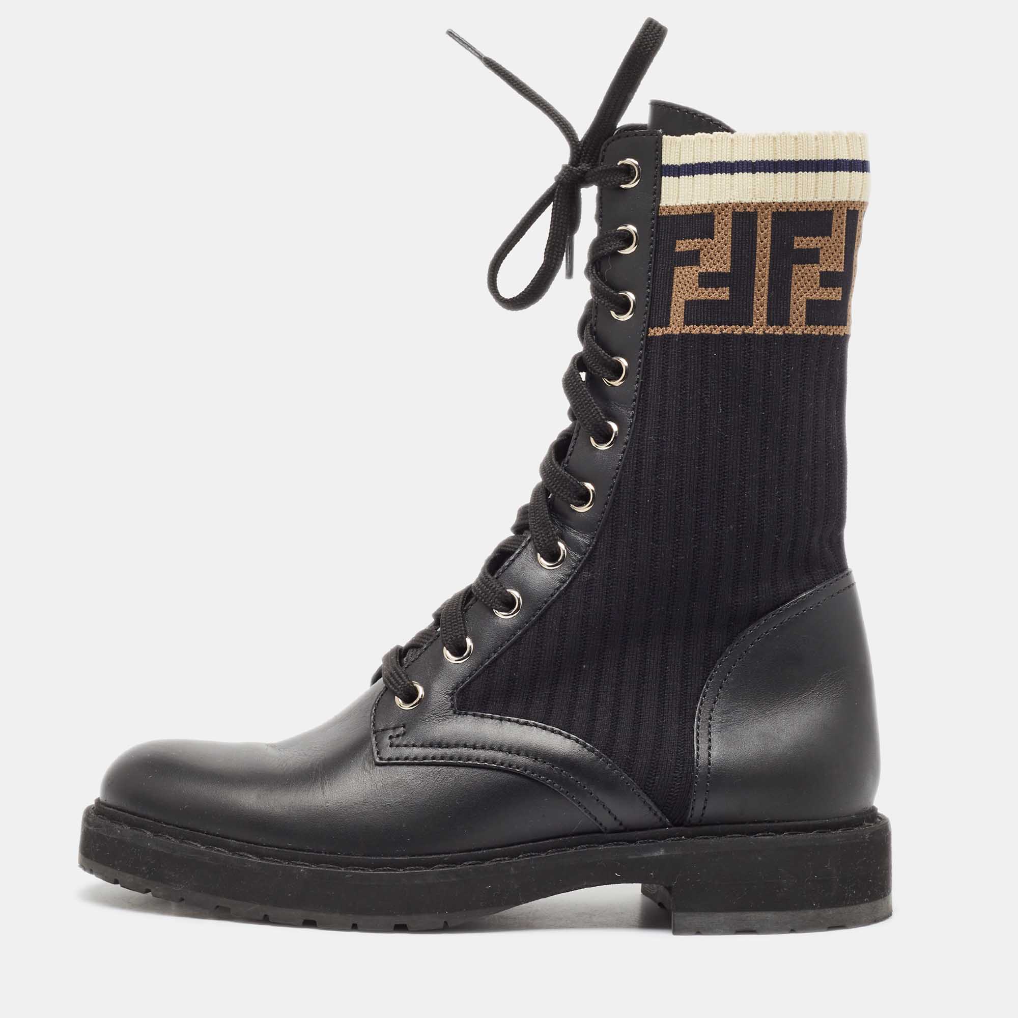 

Fendi Black Leather and Zucca Stretch Fabric Rockoko Combat Boots Size