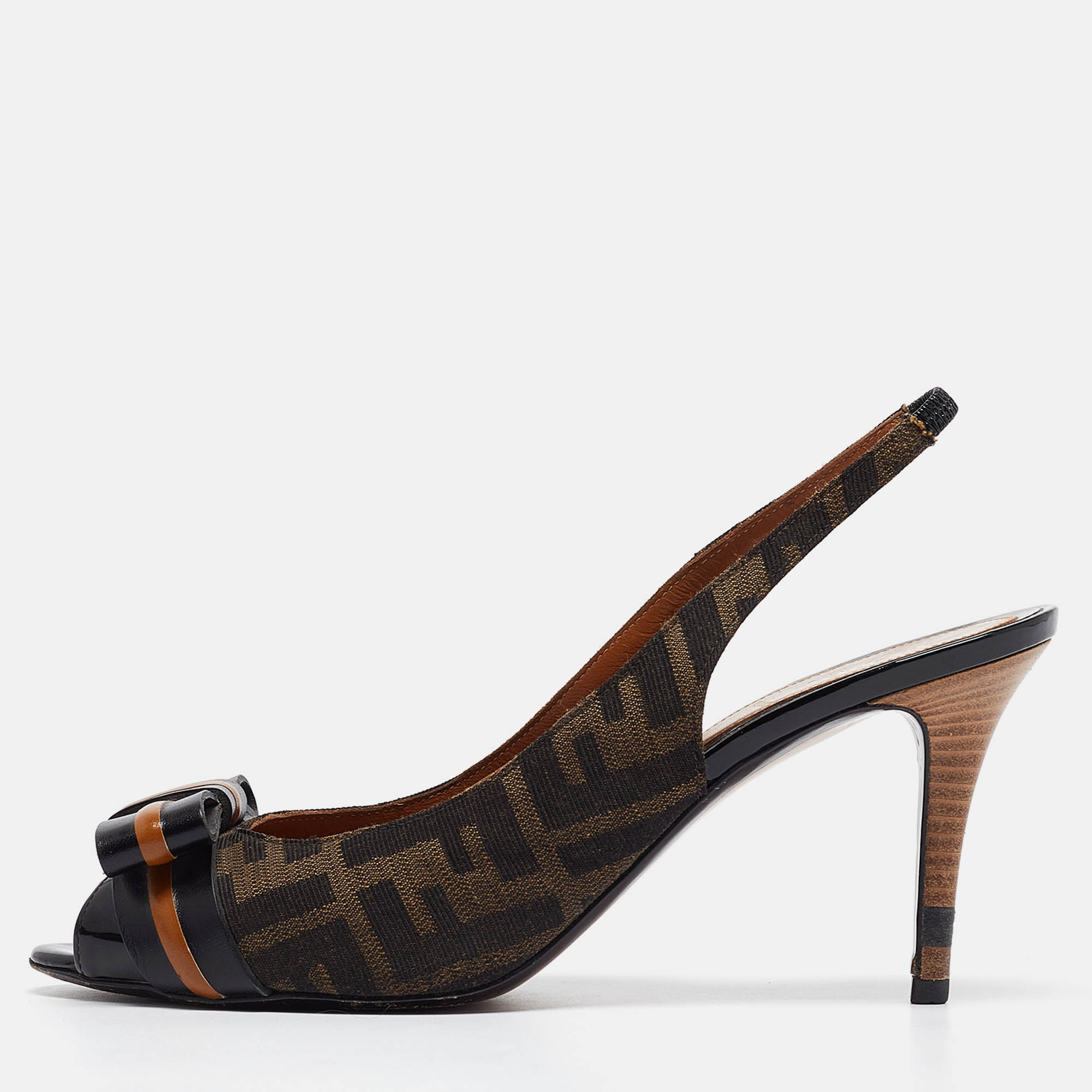 

Fendi Brown/Black Zucca Canvas and Leather Bow Slingback Pumps Size