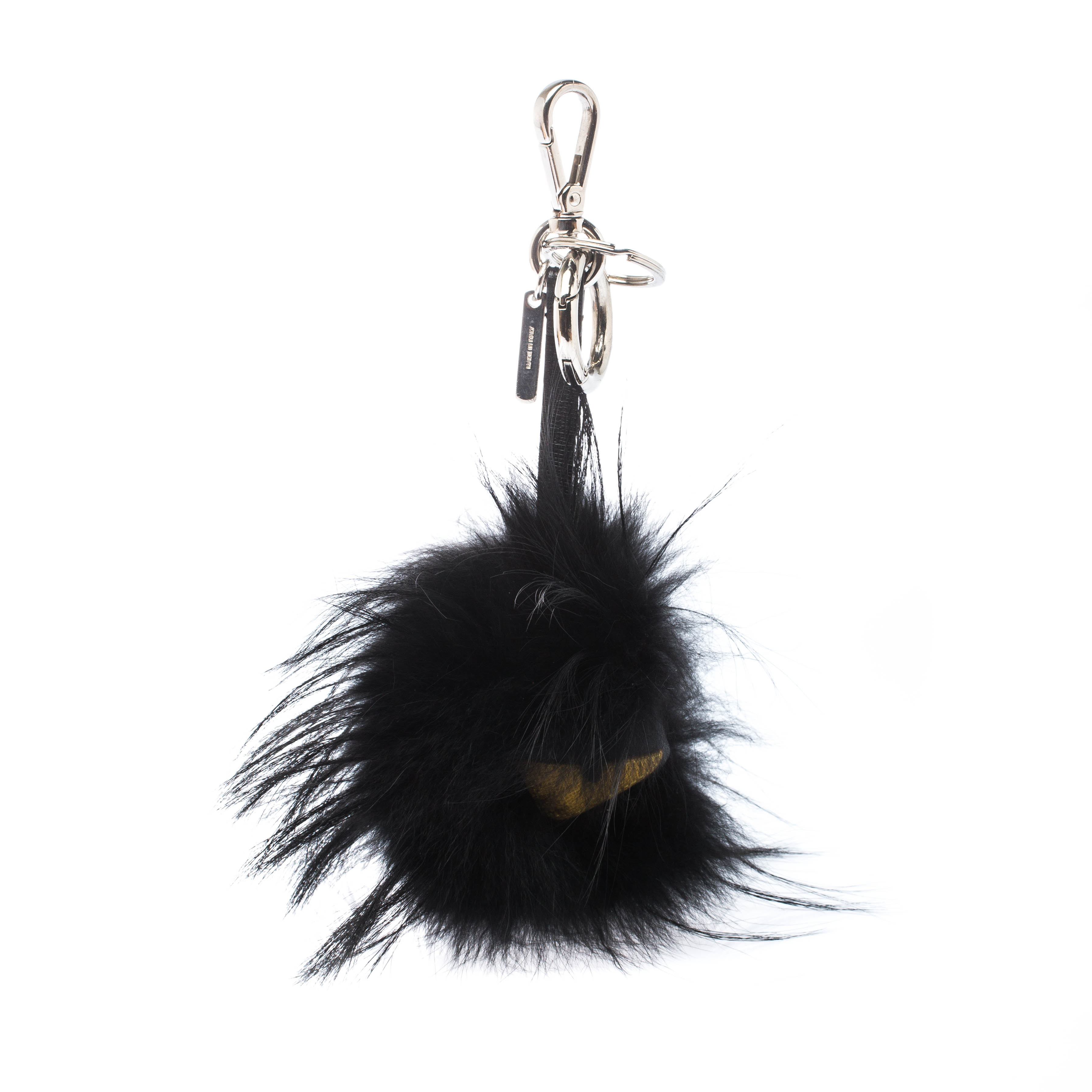 Fendi Bag Bug Yellow Eyes Black Fur Leather Key Chain / Bag Charm