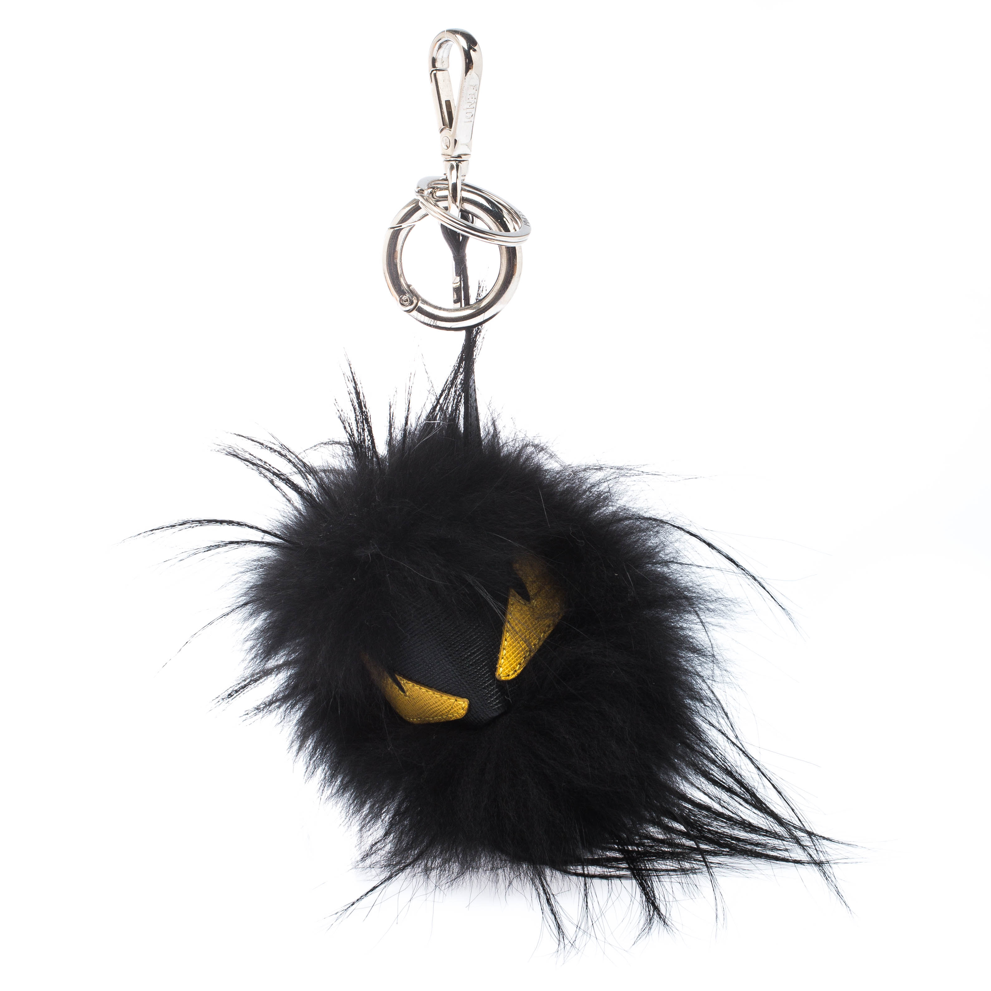 Fendi Bag Bug Yellow Eyes Black Fur Leather Key Chain / Bag Charm Fendi TLC