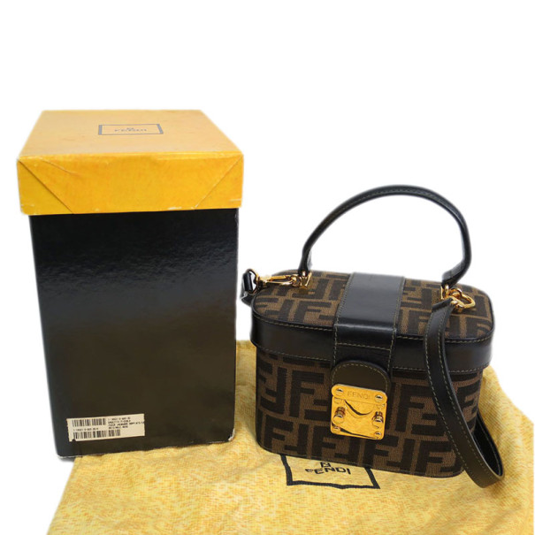 FENDI-Zucca-Canvas-Leather-Vanity-Bag-Khaki-Black-Brown-14548