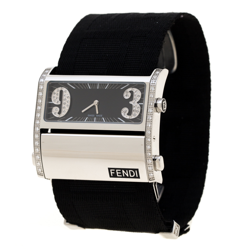 Pre Owned Fendi Black Stainless Steel Diamond Zip Code 1120G Women's Wristwatch 46 mm