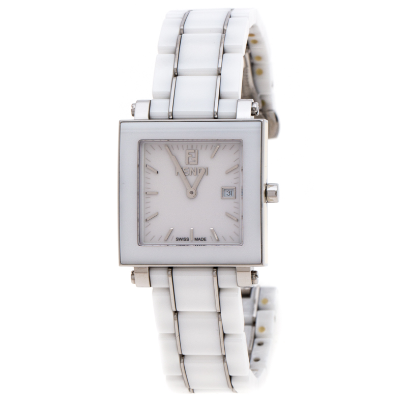 Pre-owned Fendi White Ceramic Stainless Steel Quadro 6200g Unisex Wristwatch 30 Mm