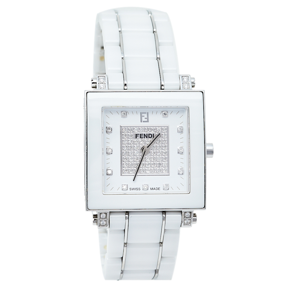 Pre-owned Fendi White Ceramic And Stainless Steel Diamonds Quadro 6200g Women's Wristwatch 30 Mm