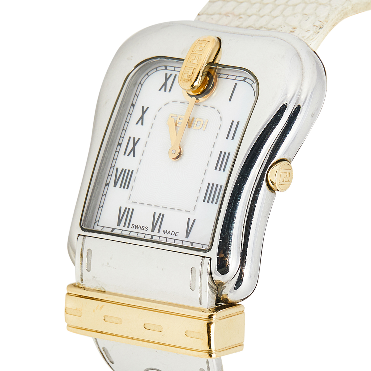 

Fendi Mother of Pearl Two Tone Stainless Steel Leather B.Fendi, White