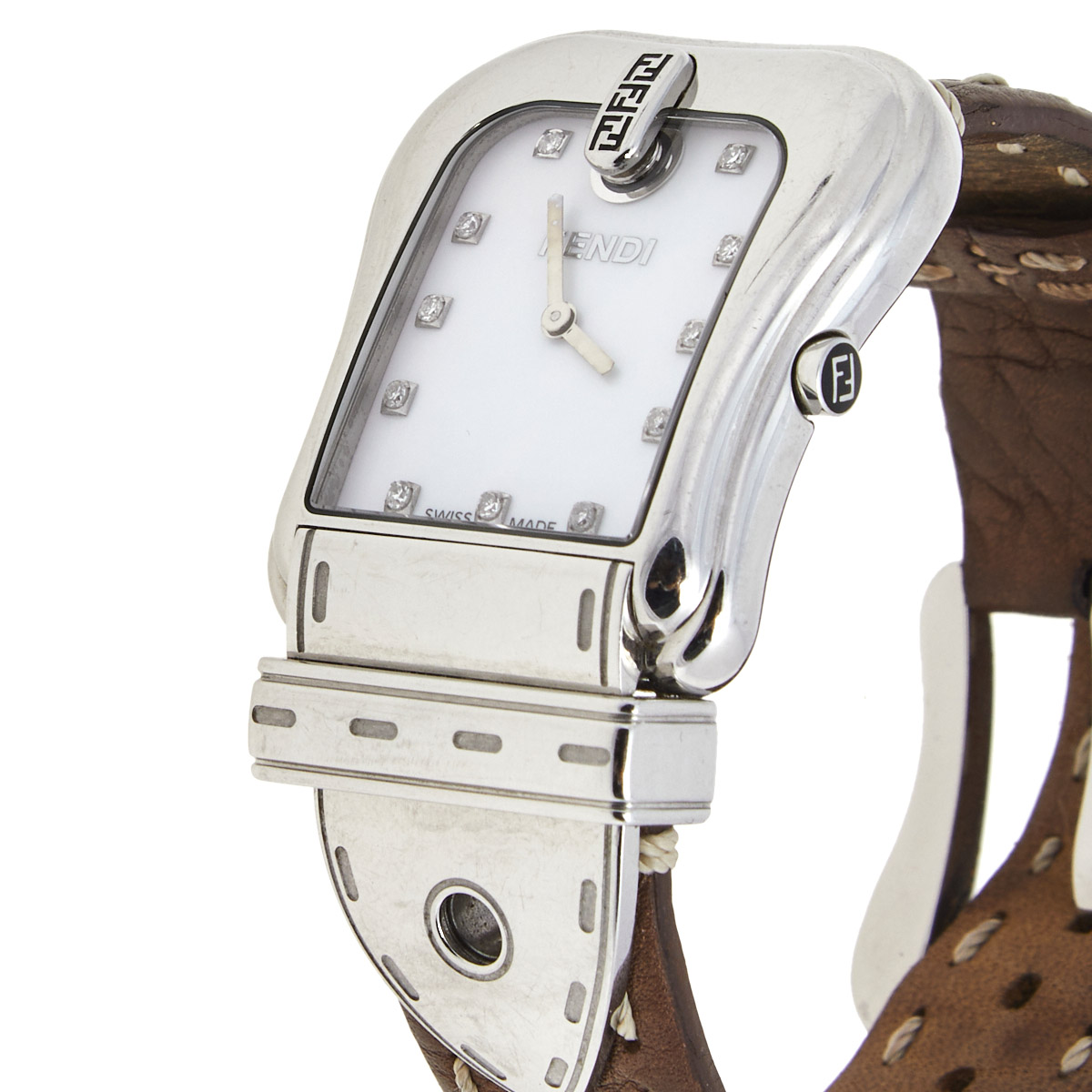 

Fendi Mother of Pearl Diamond Stainless Steel Leather B.Fendi, White