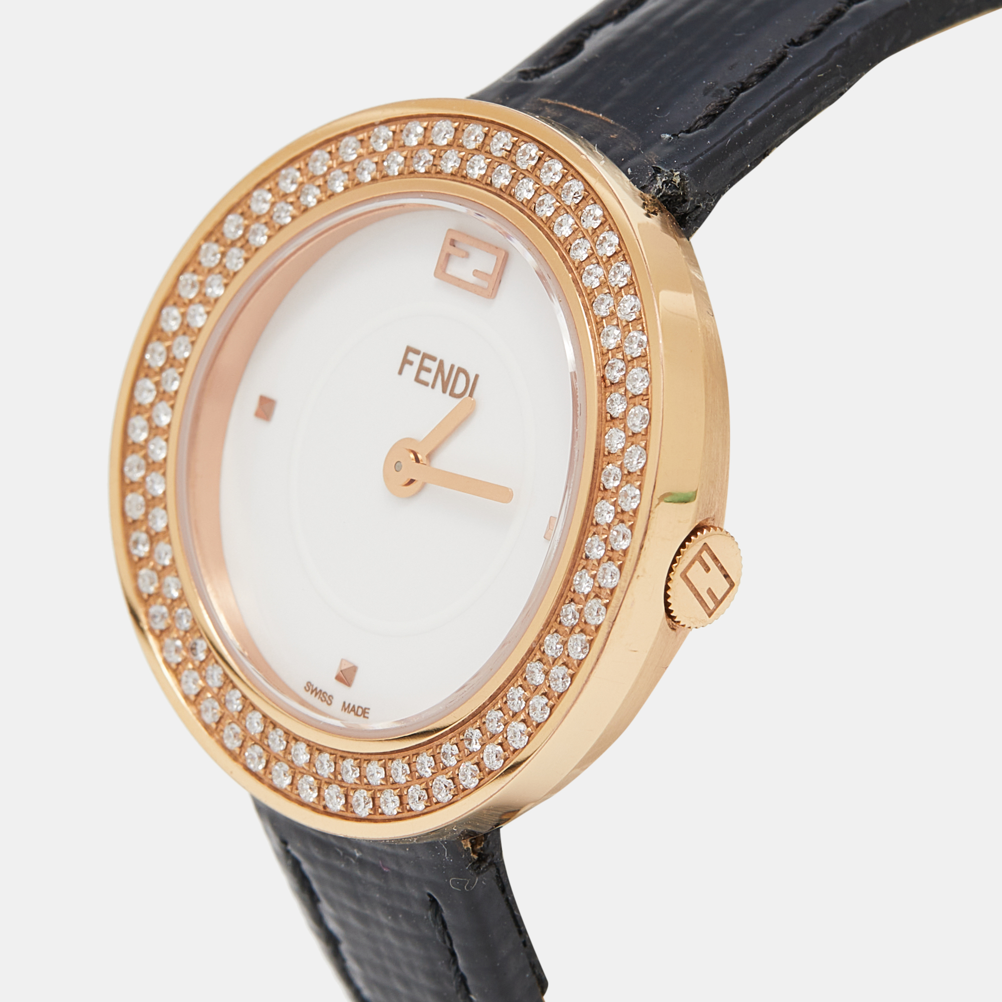 

Fendi White Rose Gold Plated Stainless Steel Diamond Leather My Way