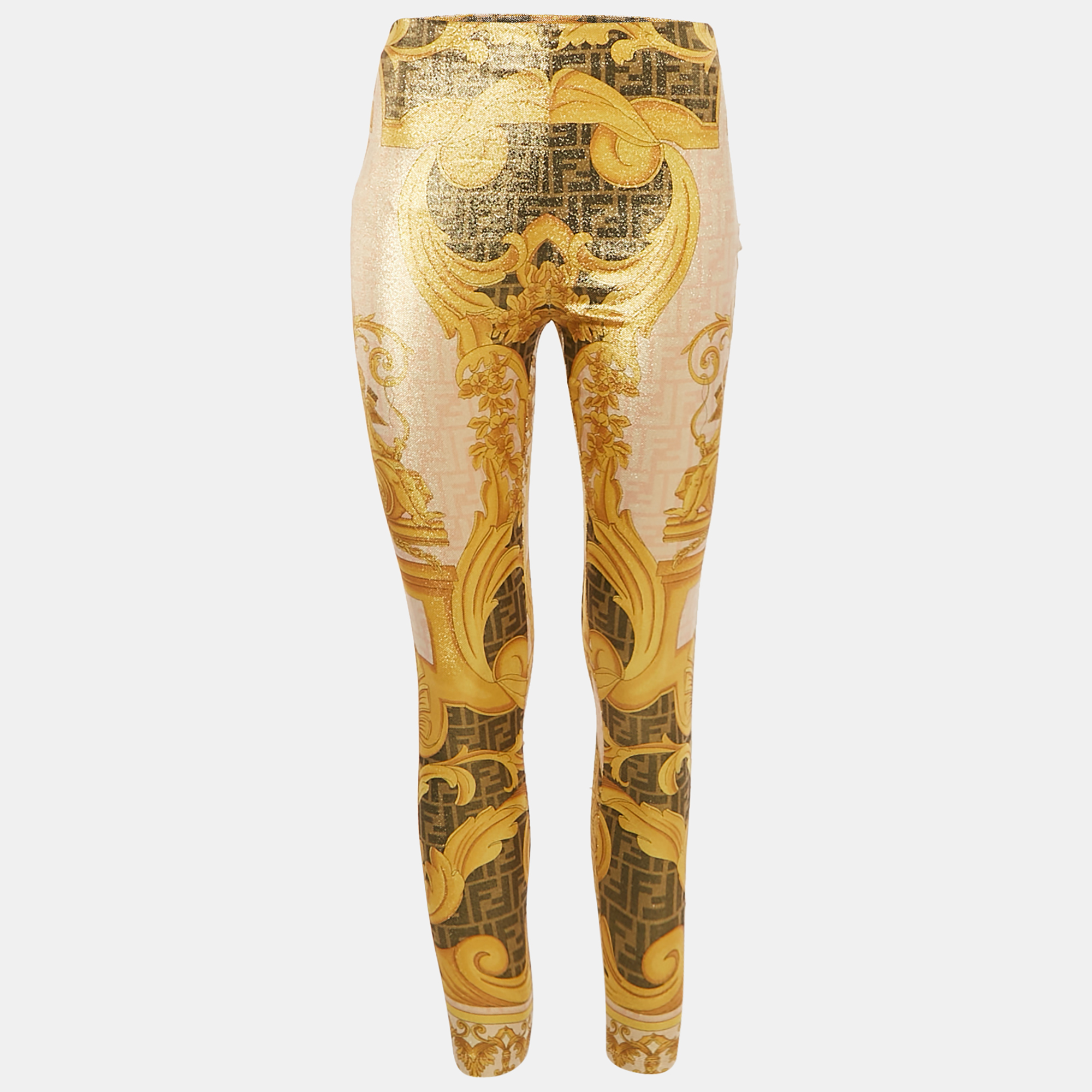 

Fendace Yellow Logo Print Lurex Jersey Leggings S