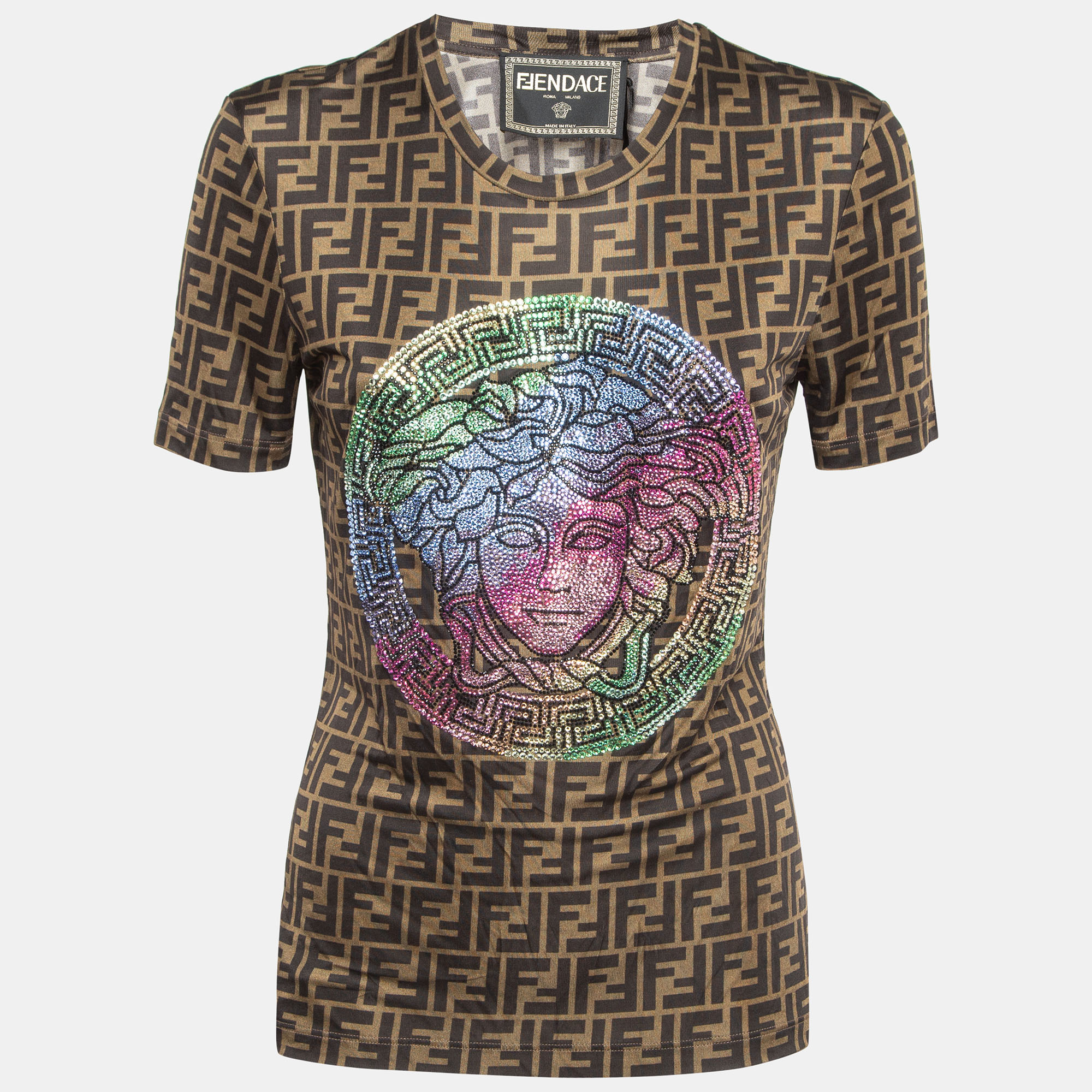 

Fendi x Versace Brown Monogram Jersey Crystal Embellished T-Shirt