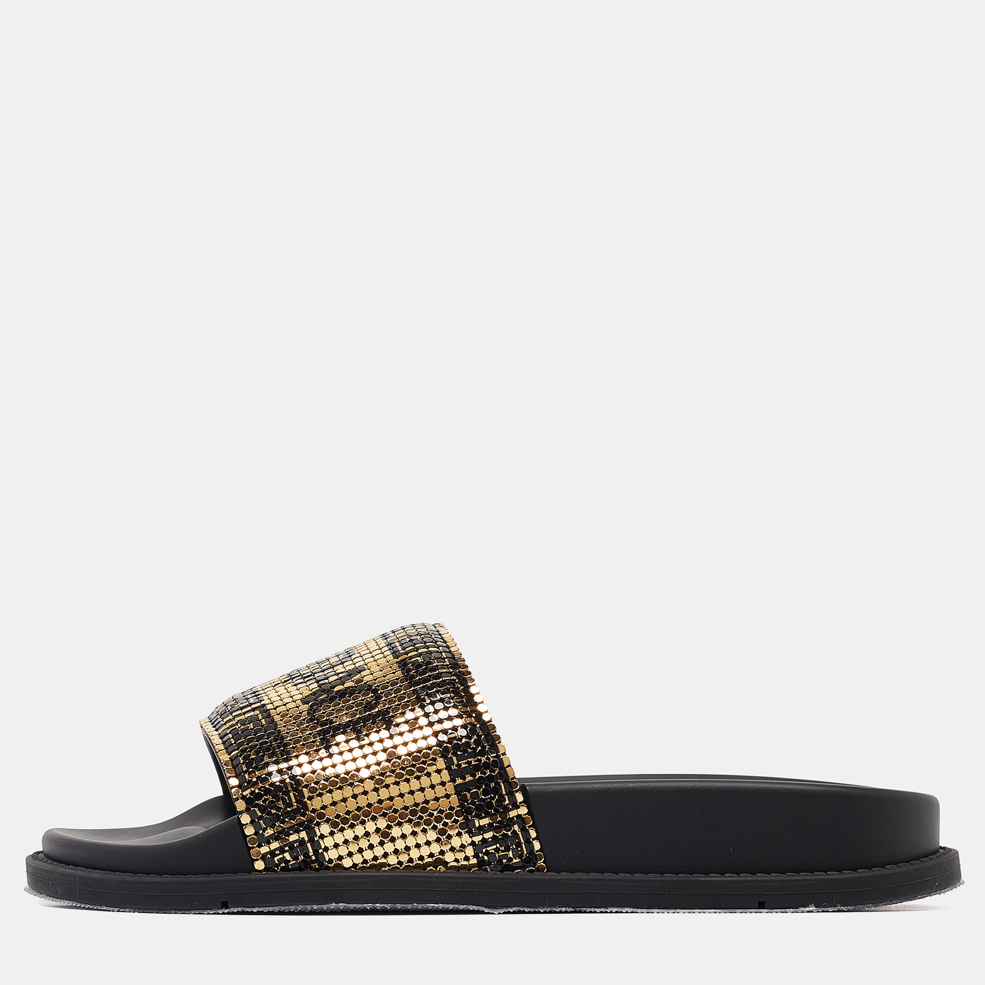 

Fendi X Versace Gold Metal and Rubber Flat Slides Size