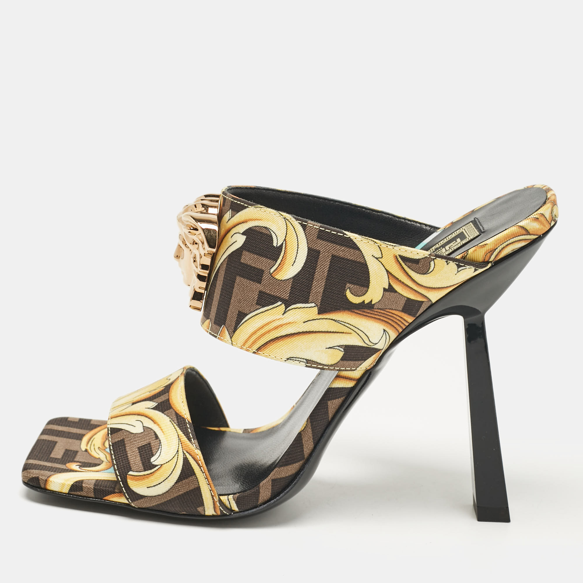 

Fendi x Versace Black/Yellow Baroque Fabric Medusa Slide Sandals Size