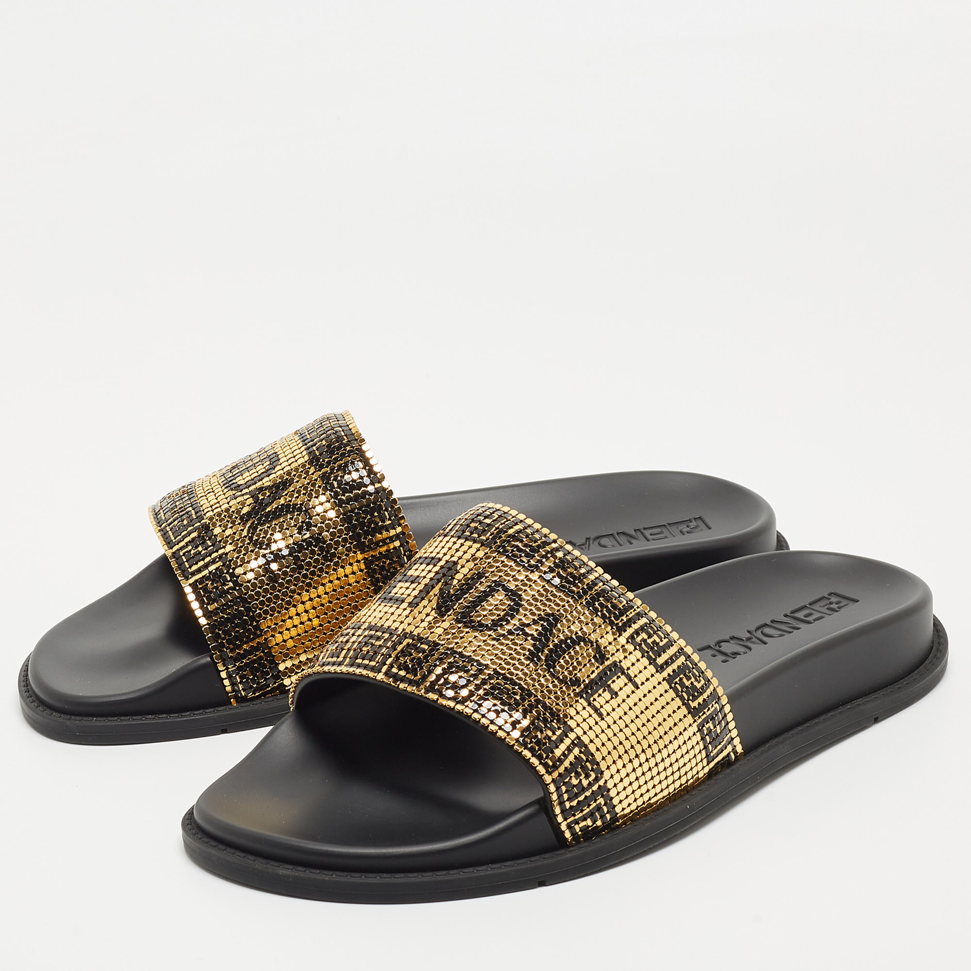 

Fendi x Versace Gold Metal and Rubber Flat Slides Size