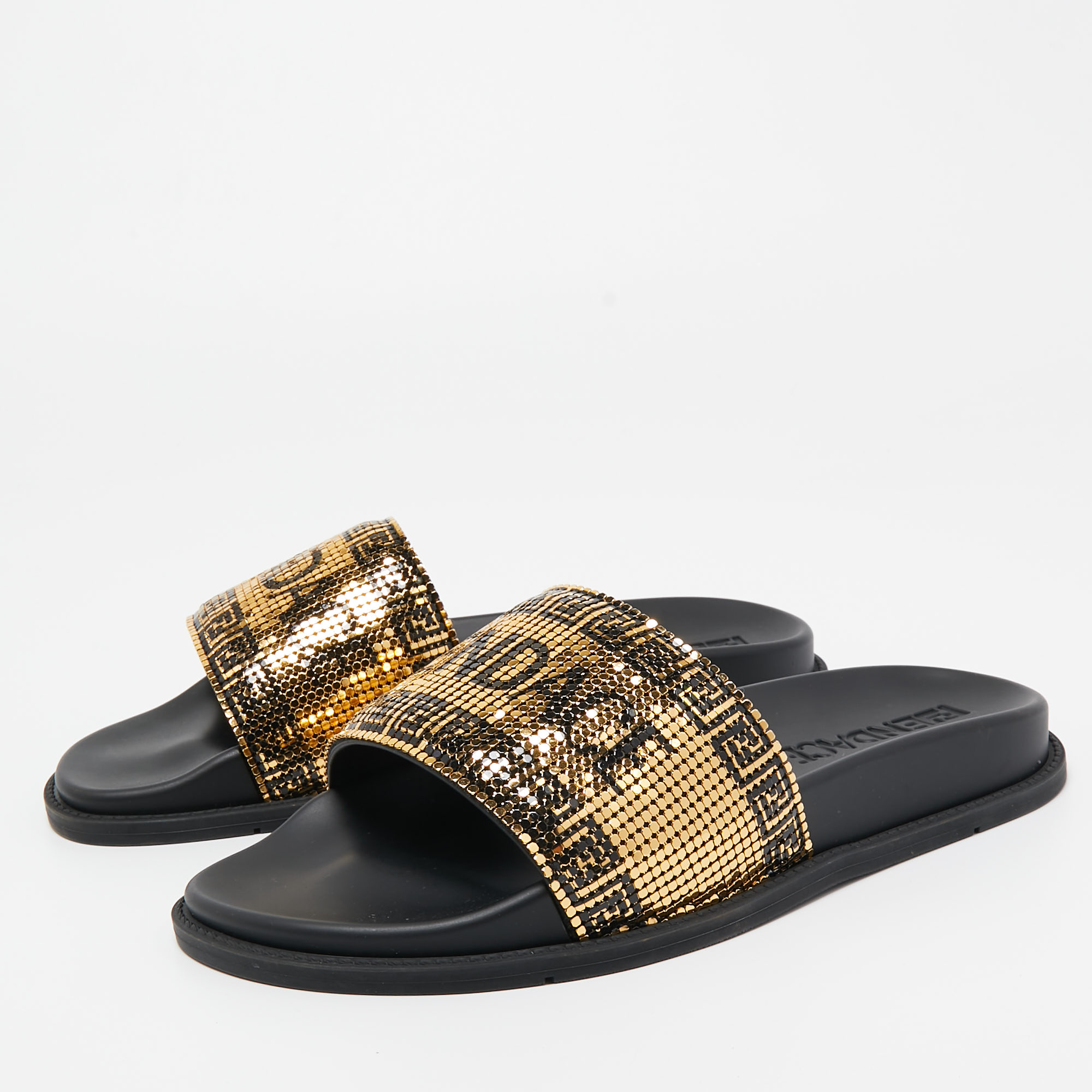 

Fendi x Versace Gold Metal and Rubber Flat Slides Size