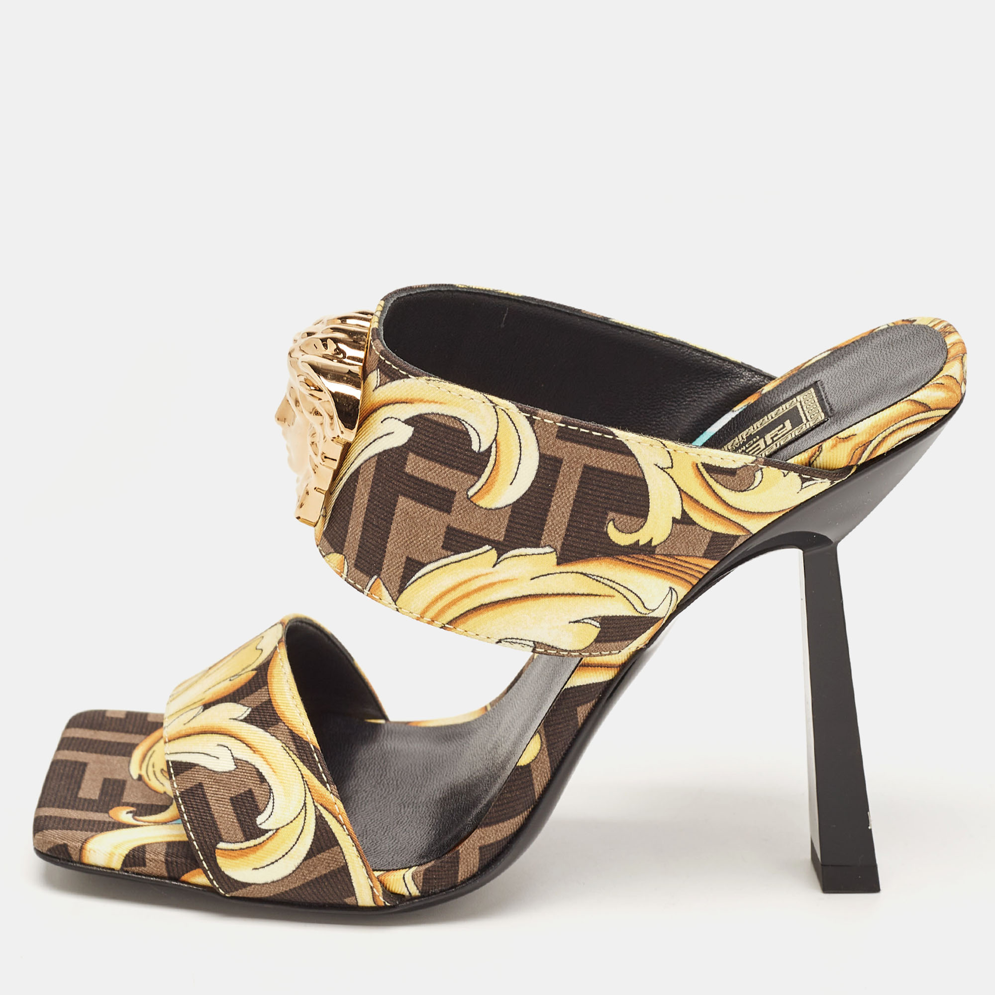 Pre-owned Fendi X Versace Black/yellow Baroque Fabric Fendace Medusa Slide Sandals Size 36 In Gold