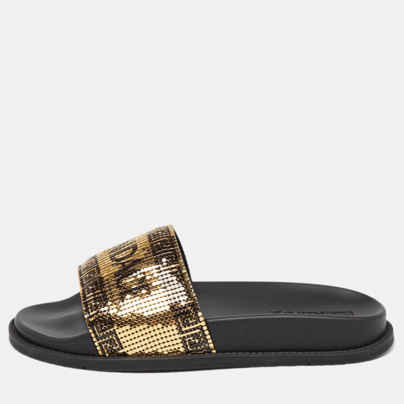 

Fendi x Versace Gold/Black Metal Mesh Pool Slides Size