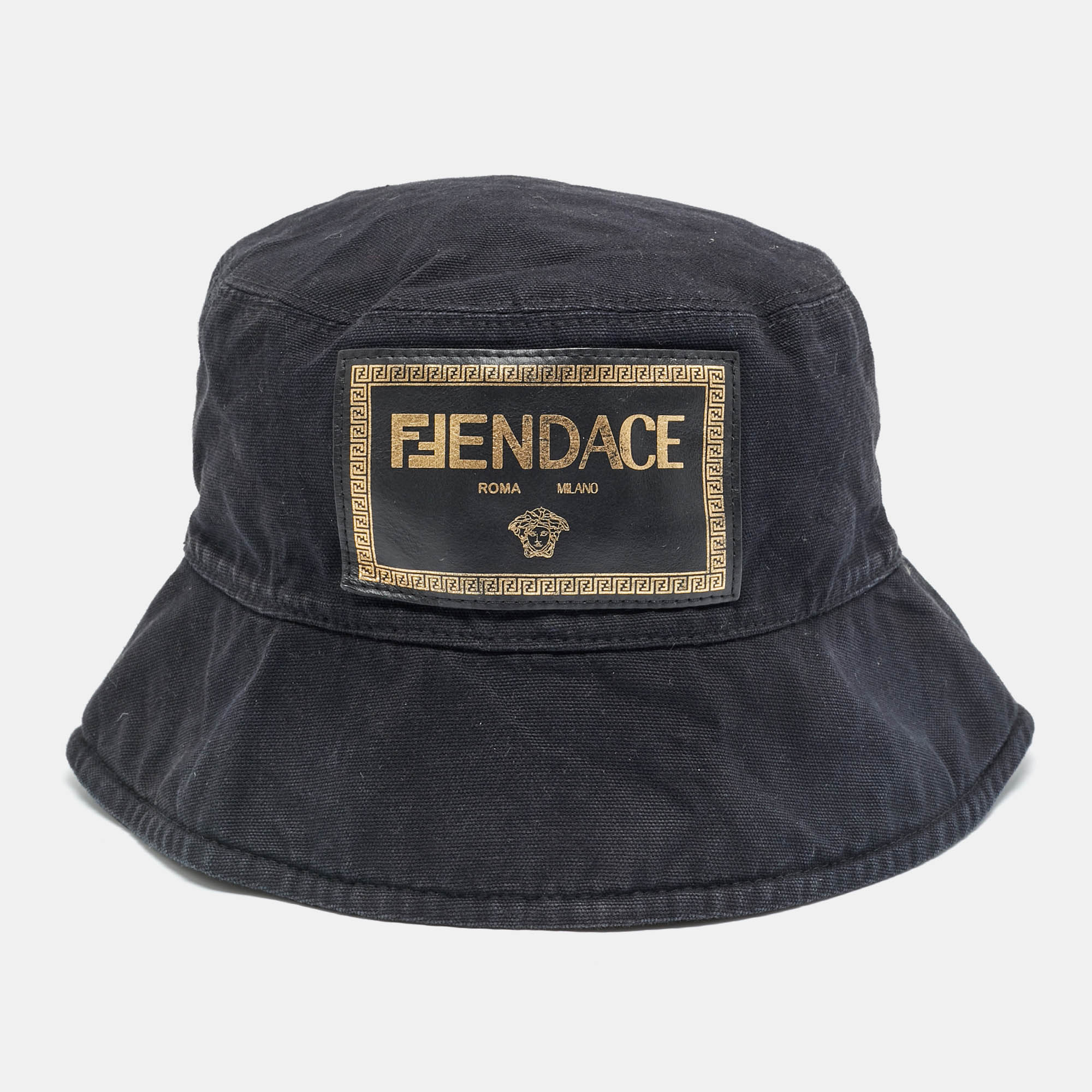 Pre-owned Fendi X Versace Fendace Black Logo Leather Patch Cotton Bucket Hat M