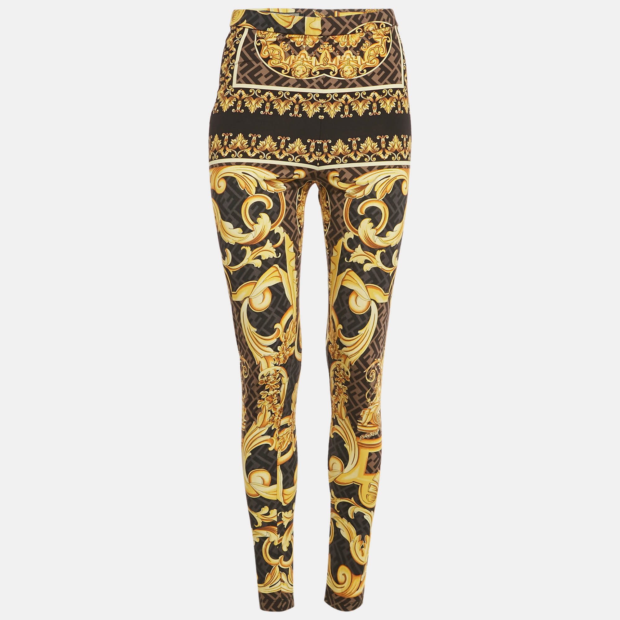 Pre-owned Fendi X Versace Fendace Black /yellow Baroque Print Jersey Leggings M