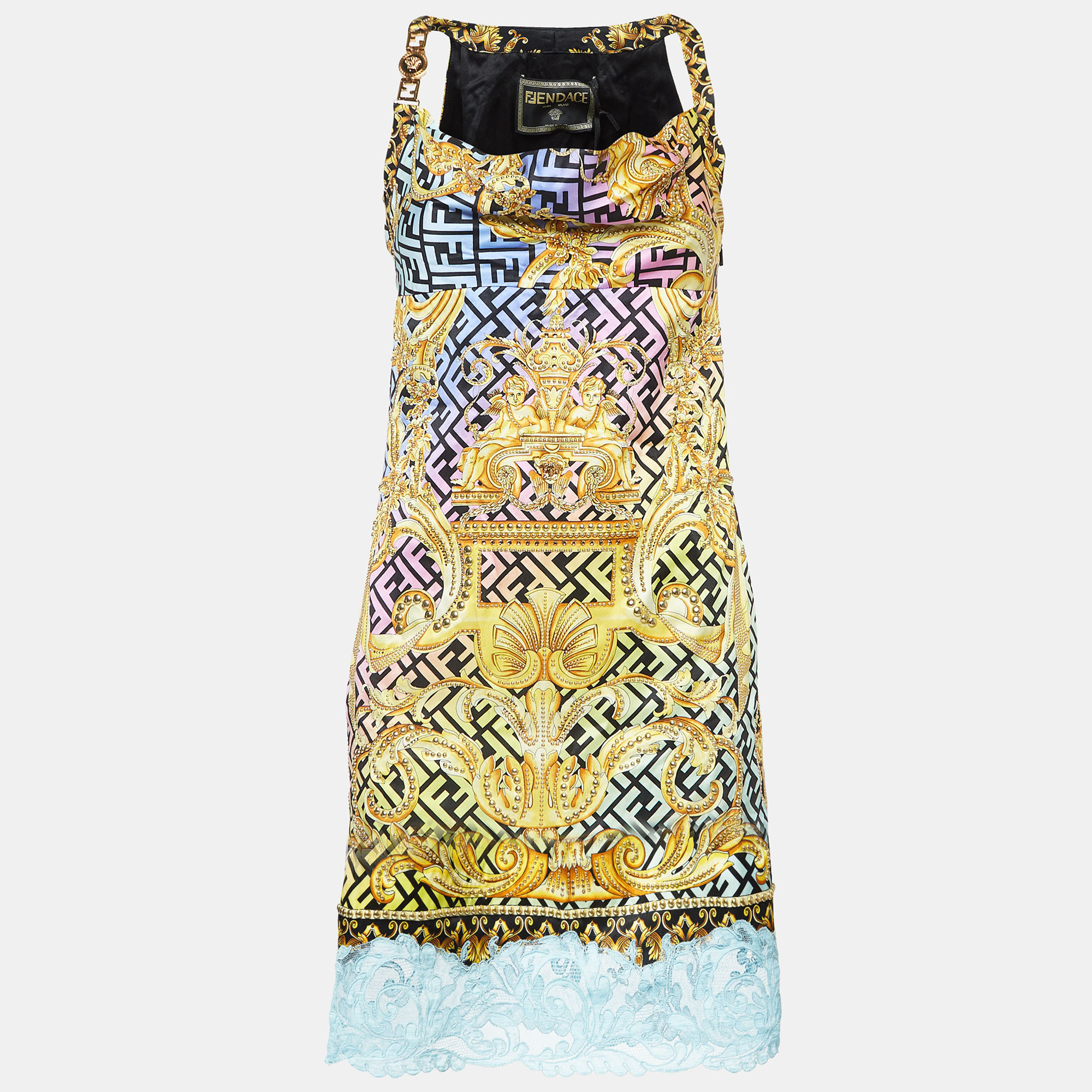 

Fendace Multicolor Baroque Print Satin Studded Mini Cocktail Dress