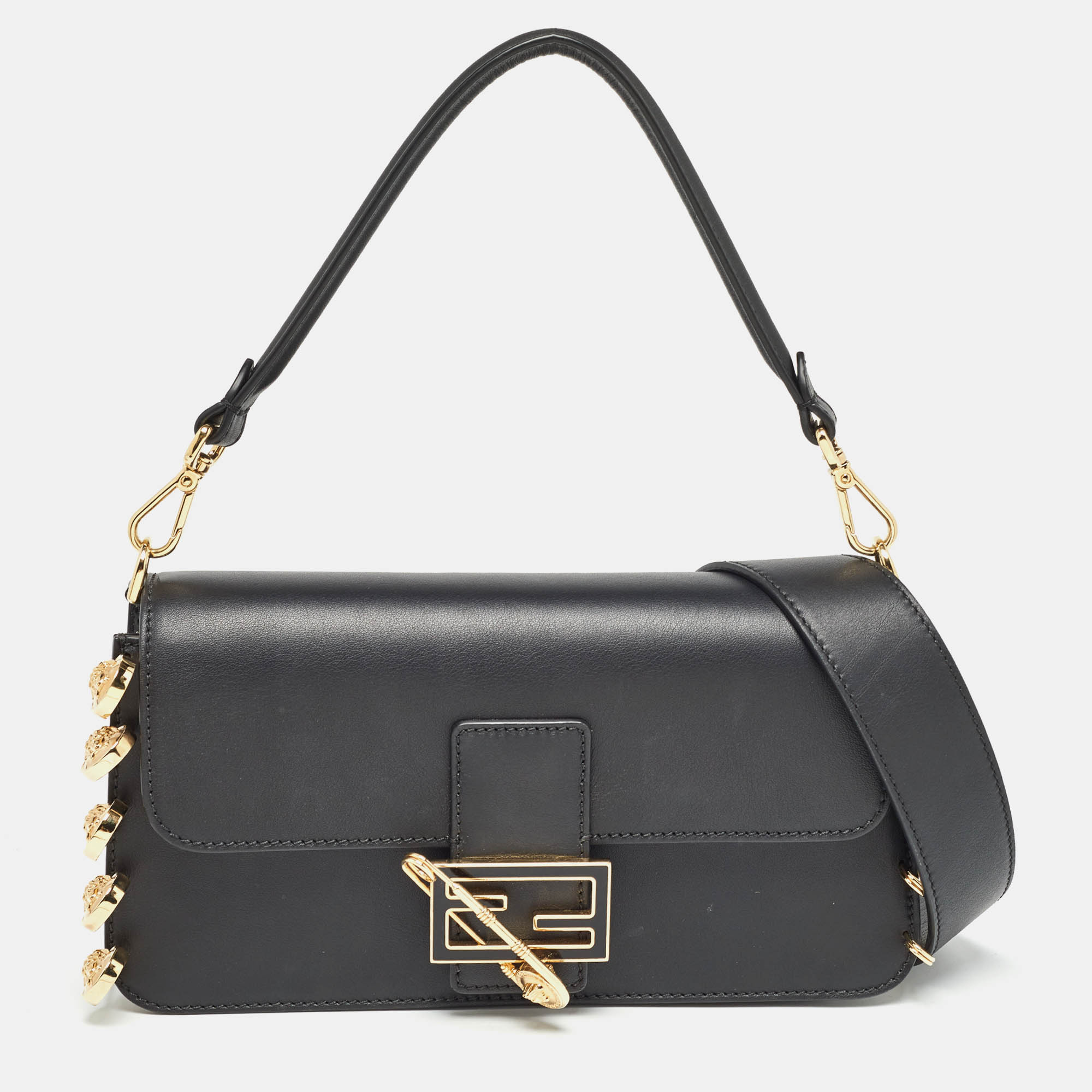 

Fendi x Versace Black Leather Fendace Brooch Baguette Bag