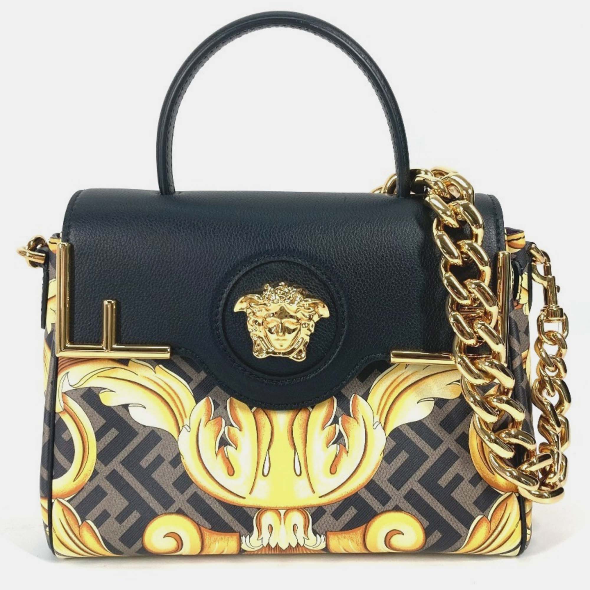 Pre-owned Fendi X Versace Black/brown Pvc And Leather La Medusa Top Handle Bag