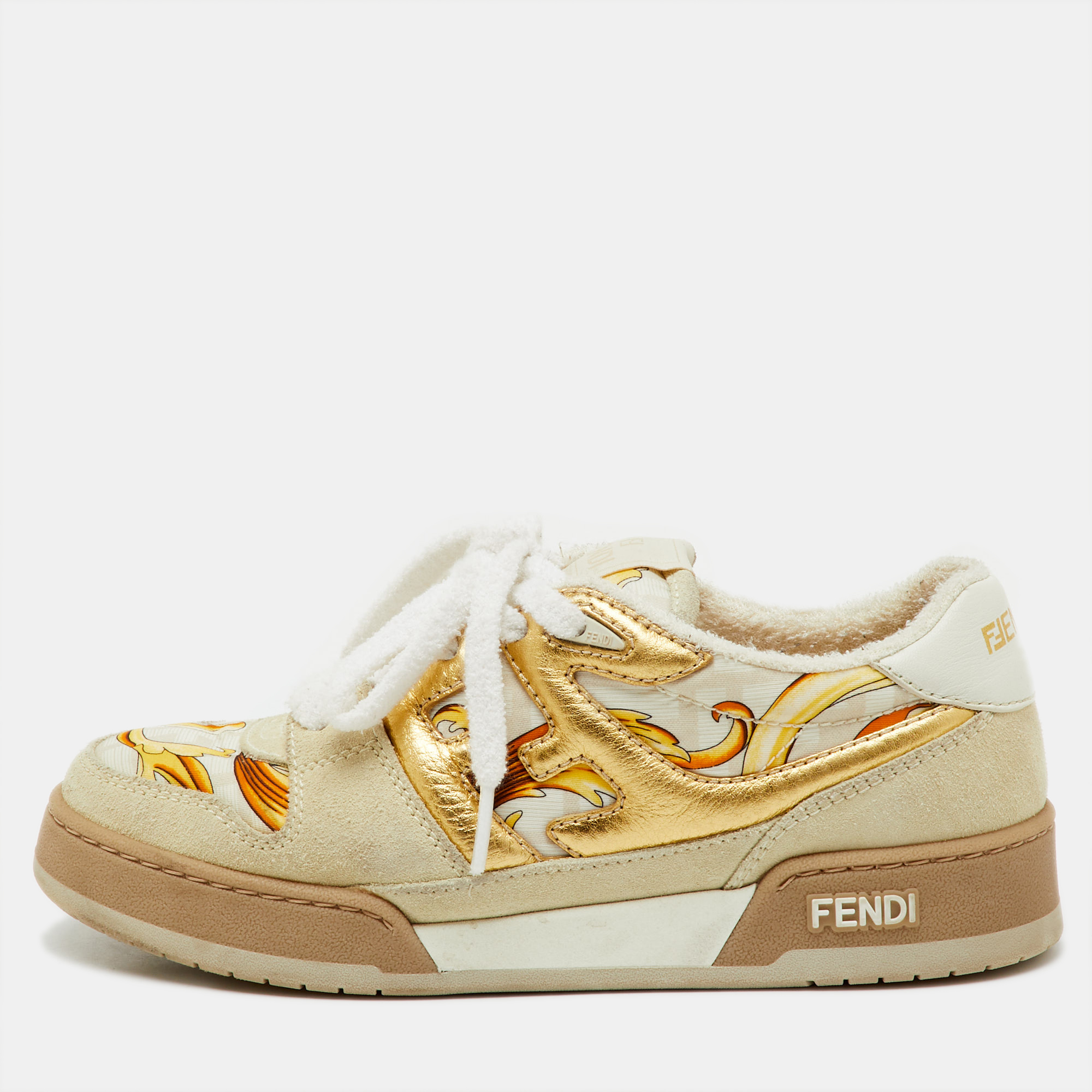 Pre-owned Fendi X Versace Beige/gold Leather And Suede Match Sneakers Size 36 In Sand