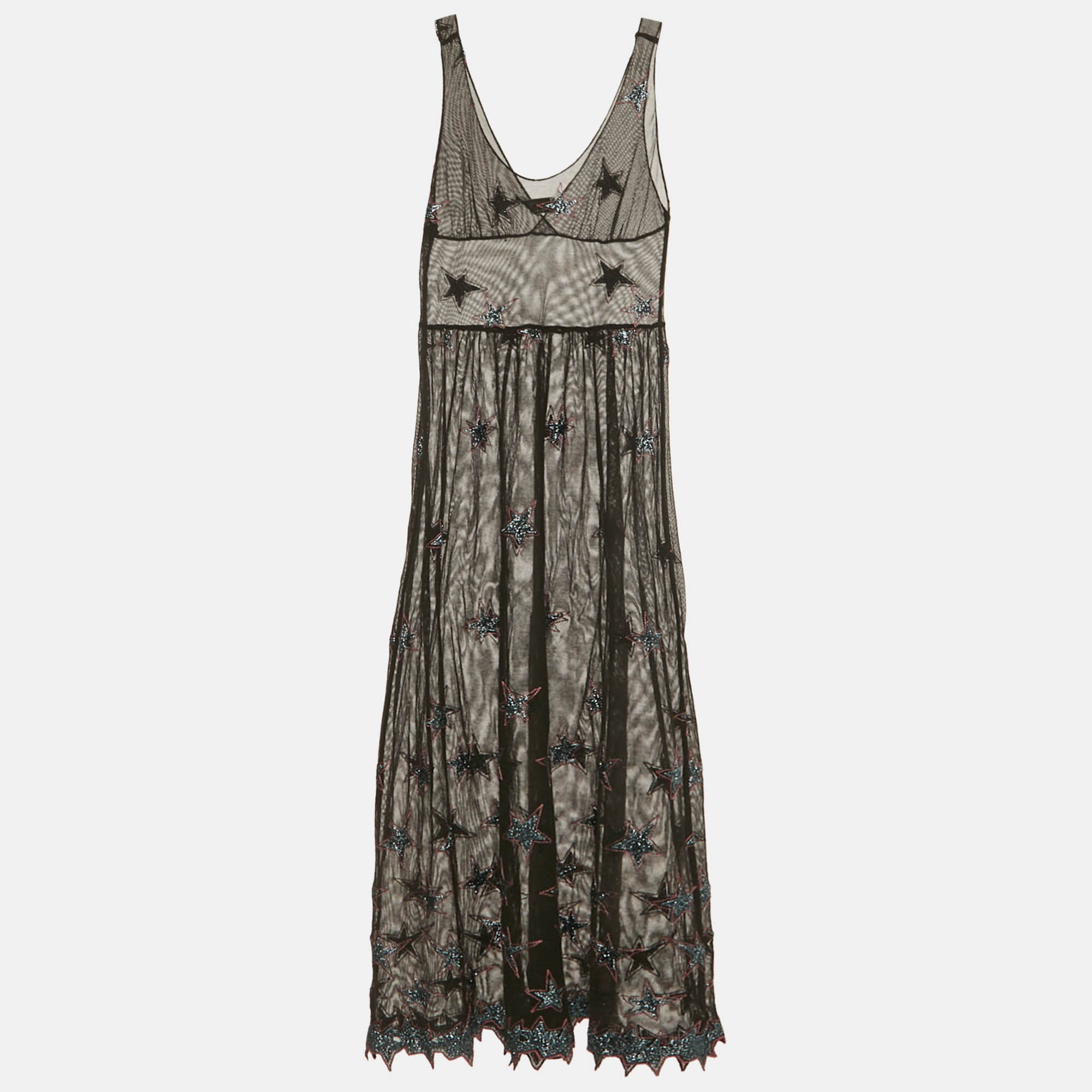 Pre-owned Fleur Du Mal Black Star Embroidered Mesh Sheer Midi Dress M