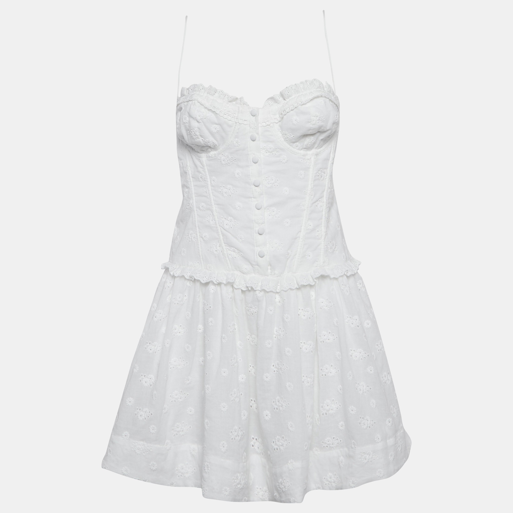 

For Love And Lemons White Embroidered Cotton Sleeveless Mini Dress L