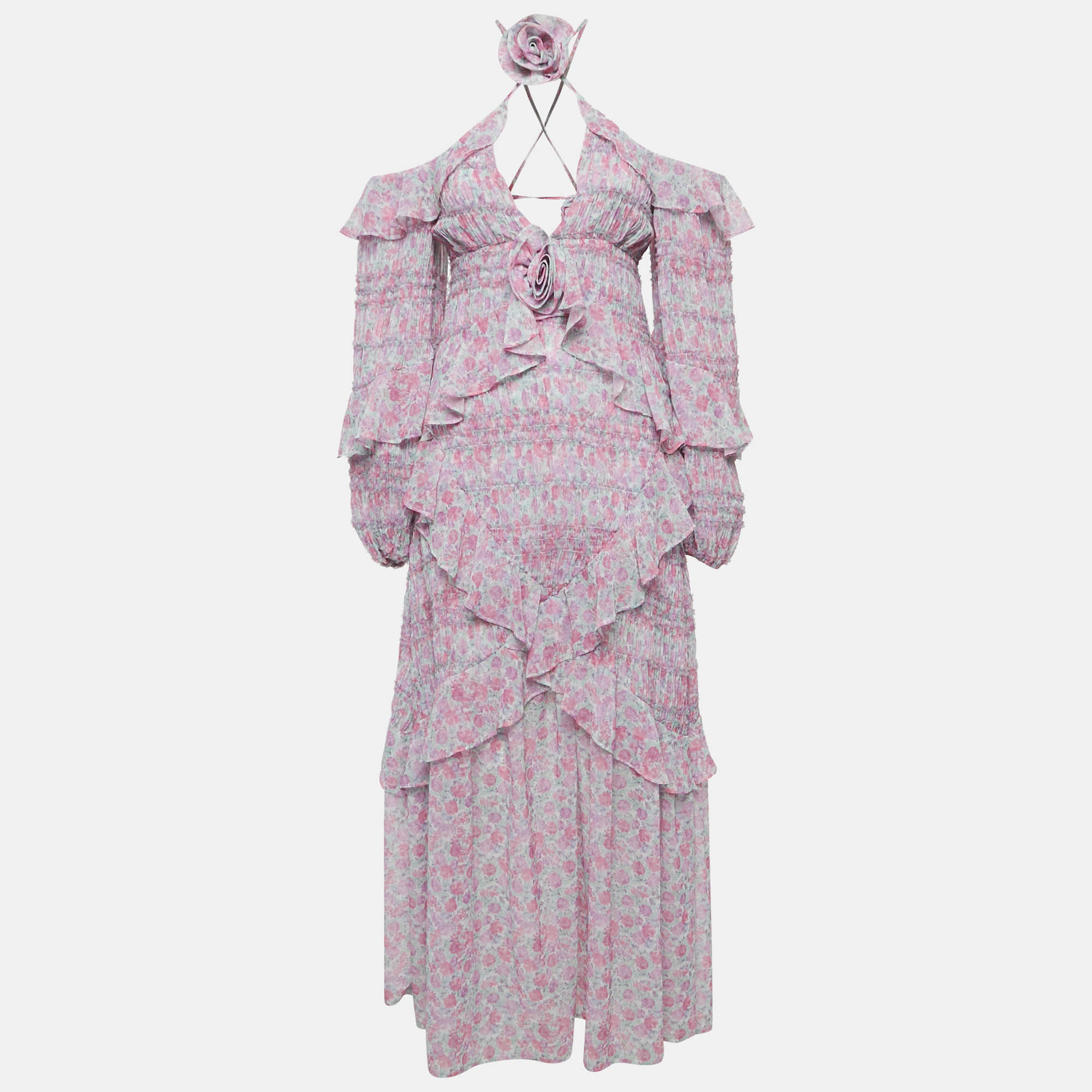 

For Love & Lemons Pink Floral Print Chiffon Ruffled Rowan Maxi Dress S