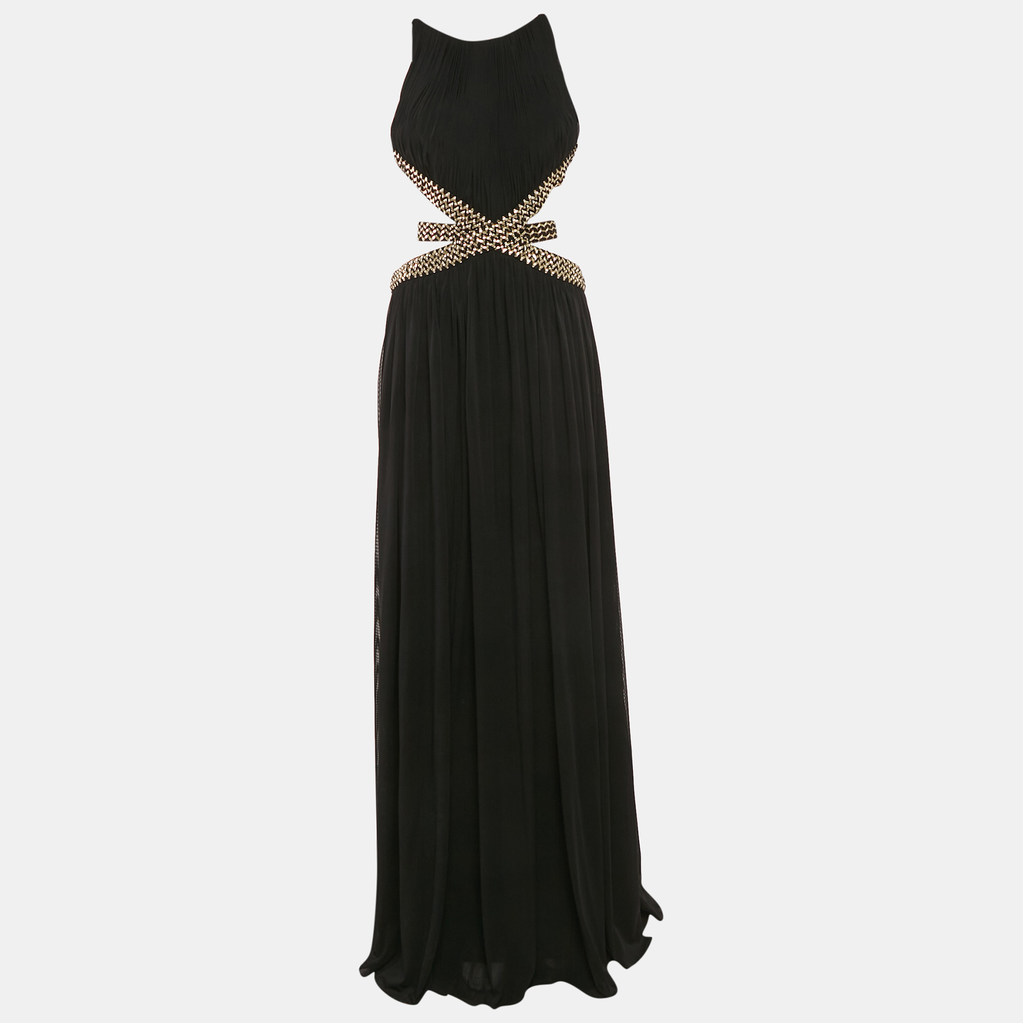 

Forever Unique Black Mesh Contrast Gold Trim Detail Maxi Dress M