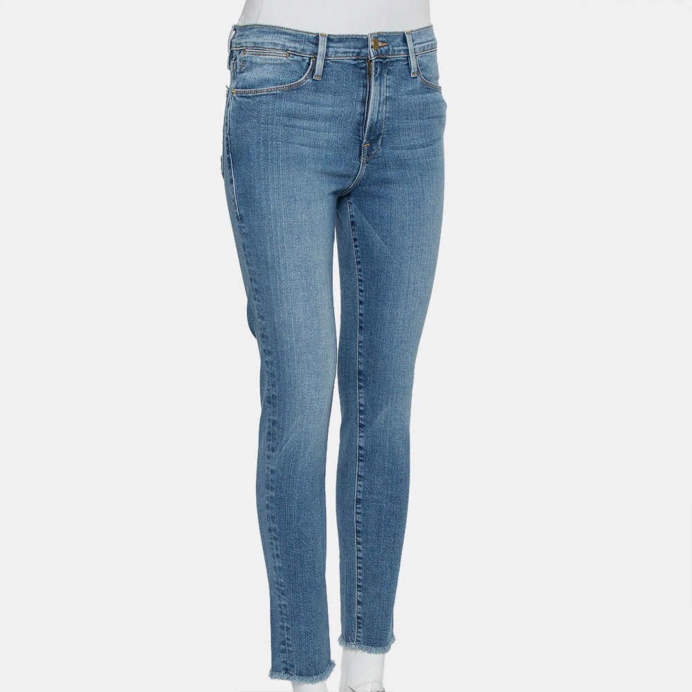 

Frame Blue Denim High Skinny Frayed Hem Jeans