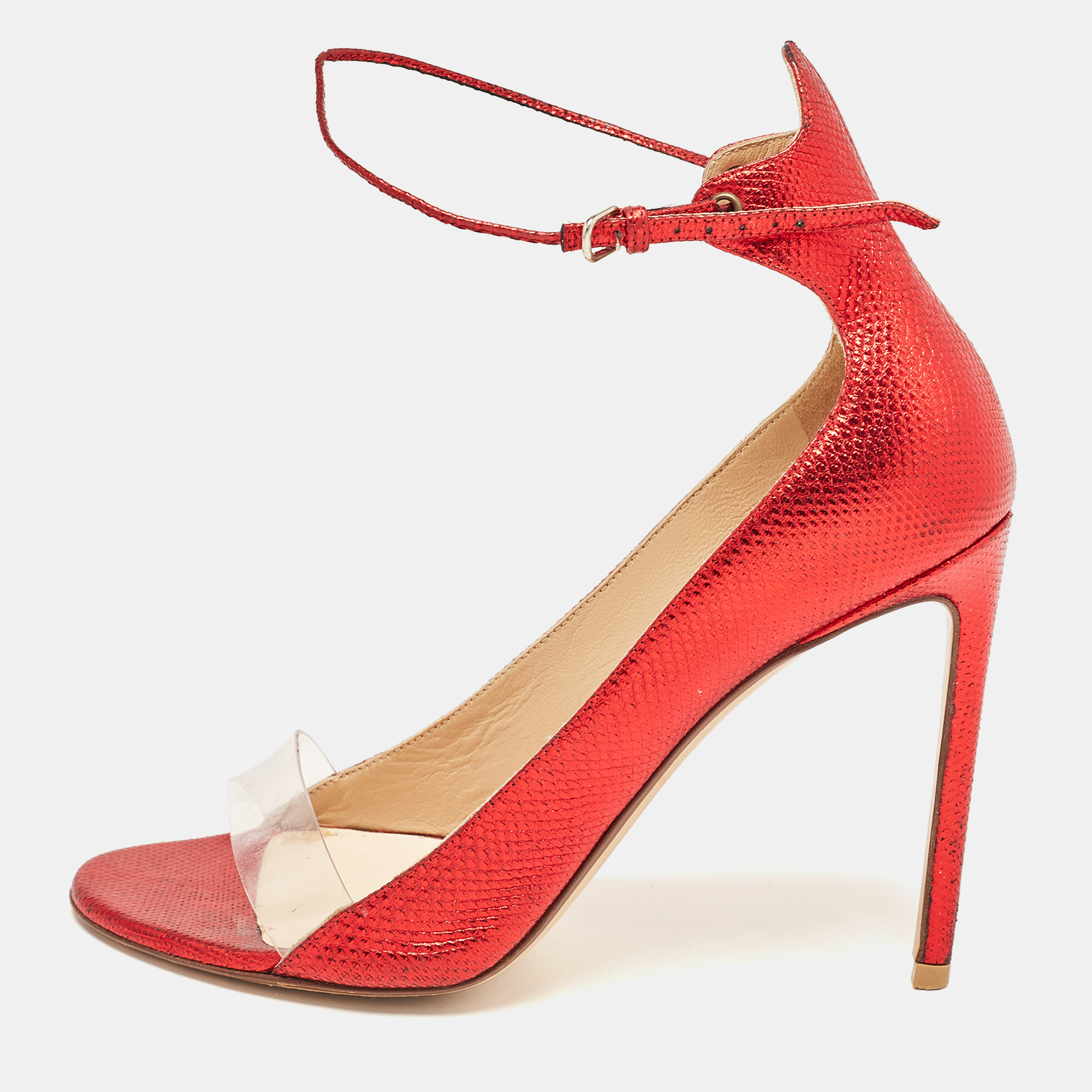 

Francesco Russo Red Leather and PVC Open Toe Ankle Strap Pumps Size