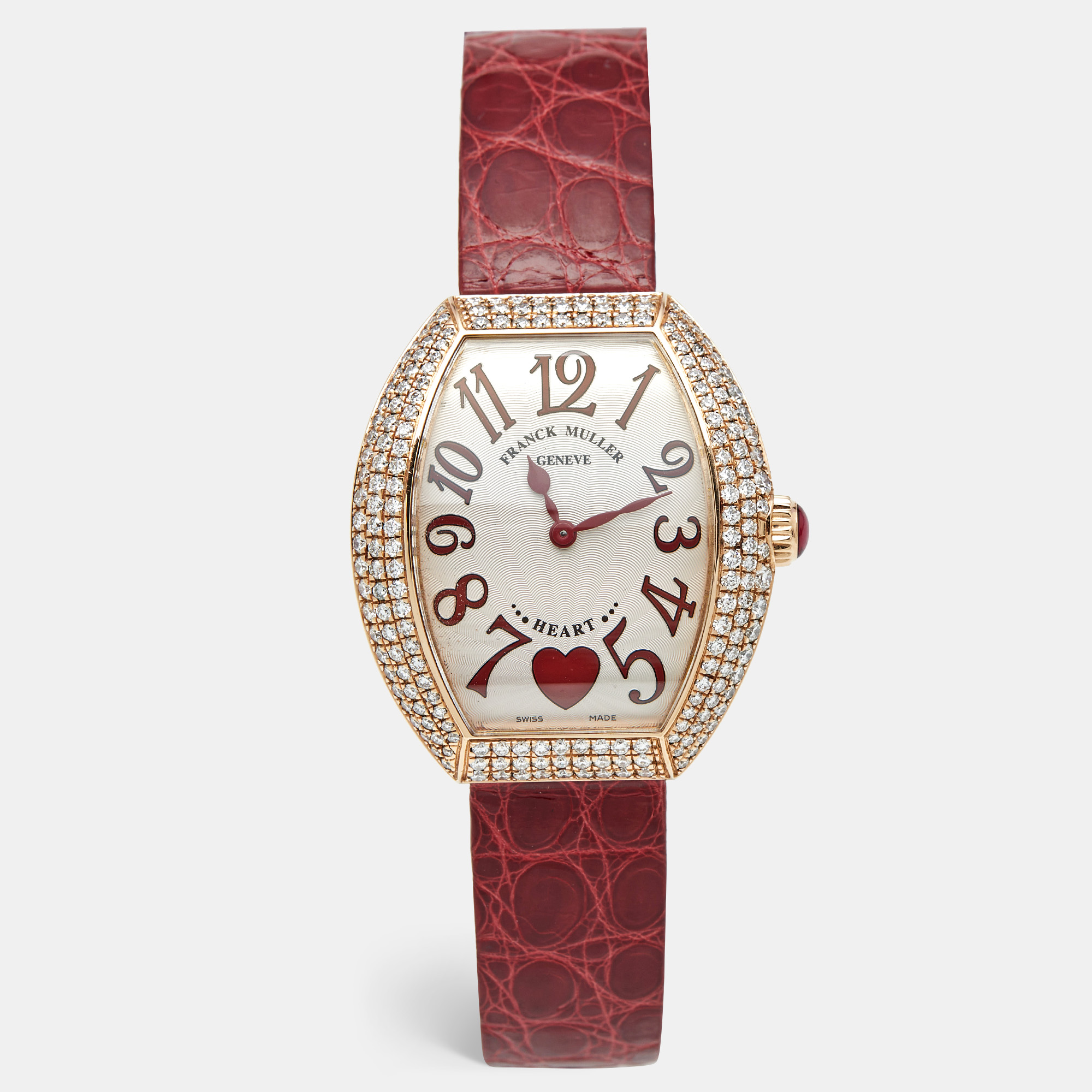

Franck Muller Silver Dial 18K Rose Gold Diamond Alligator Leather Heart 5002  QZ Women's Wristwatch 34.50 mm, Burgundy