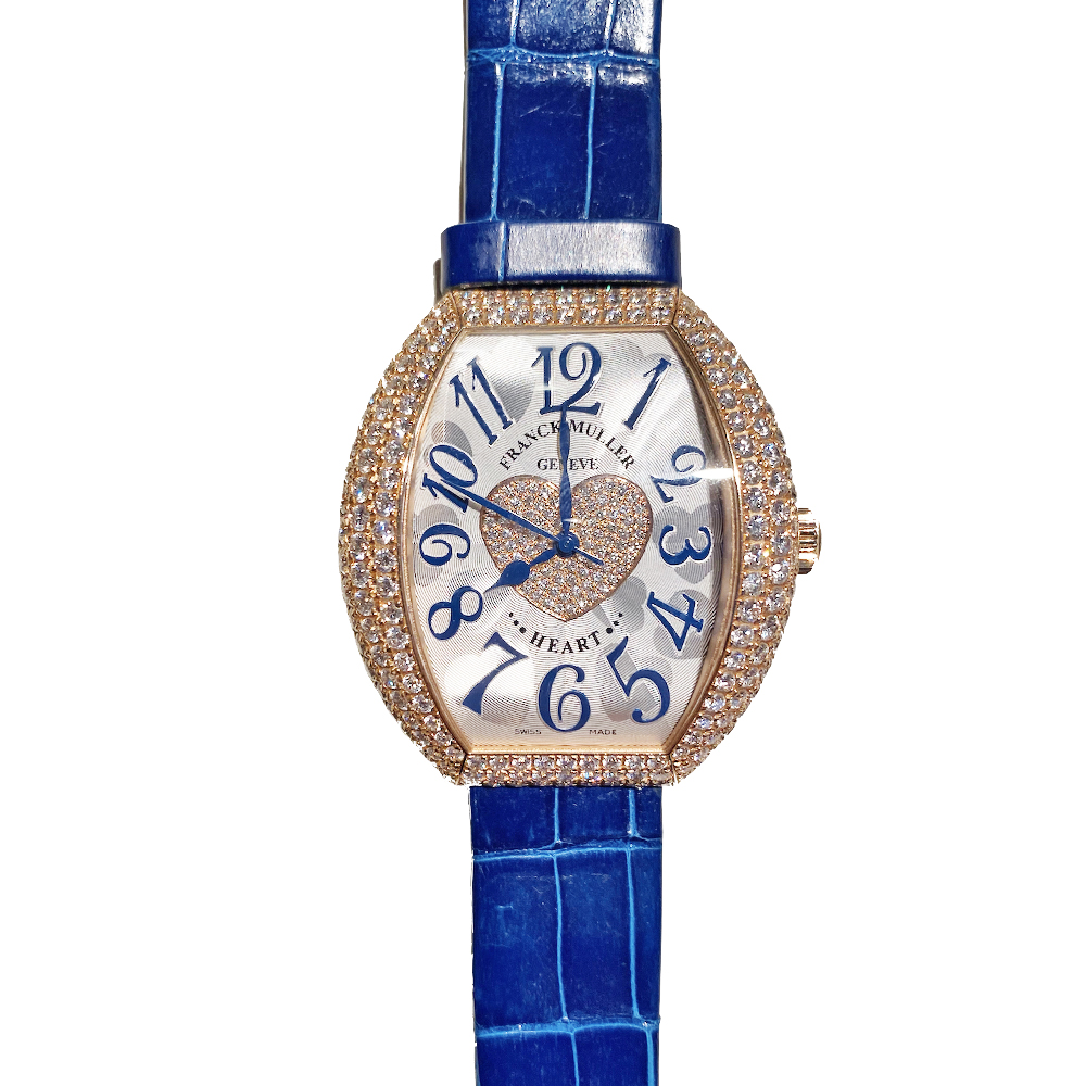 

Franck Muller Silver 18K Rose Gold Leather Diamond Pave Heart 5000 H SC D3 1P Women's Wristwatch