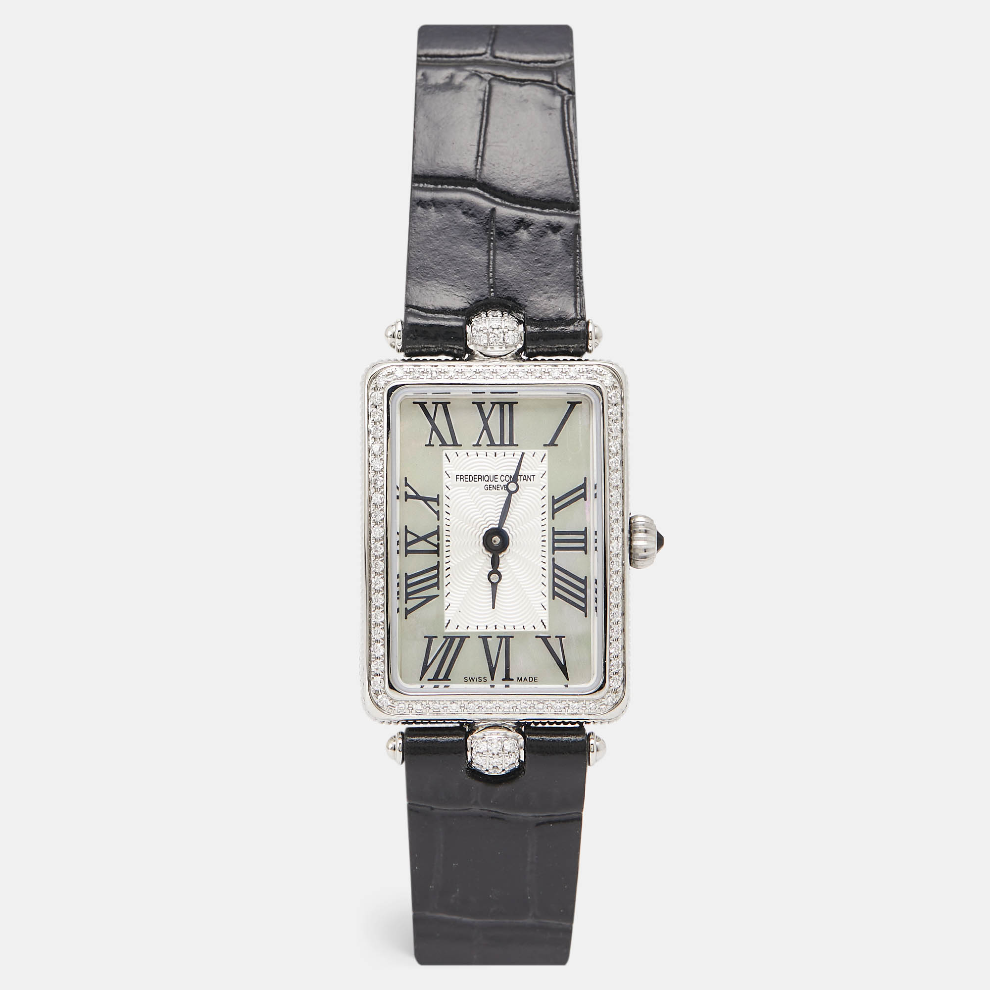 Pre-owned Frederique Constant Mother Of Pearl Diamonds Calf Leather Art Déco Carrée Fc-200mpw2acd6 Women's Wristwatch 28 Mm × 20.7 In White
