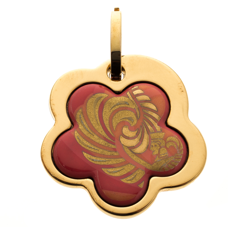 Pre Owned Frey Wille Magic Sphinx Pink Fire Enamel Gold Plated Flower Pendant 